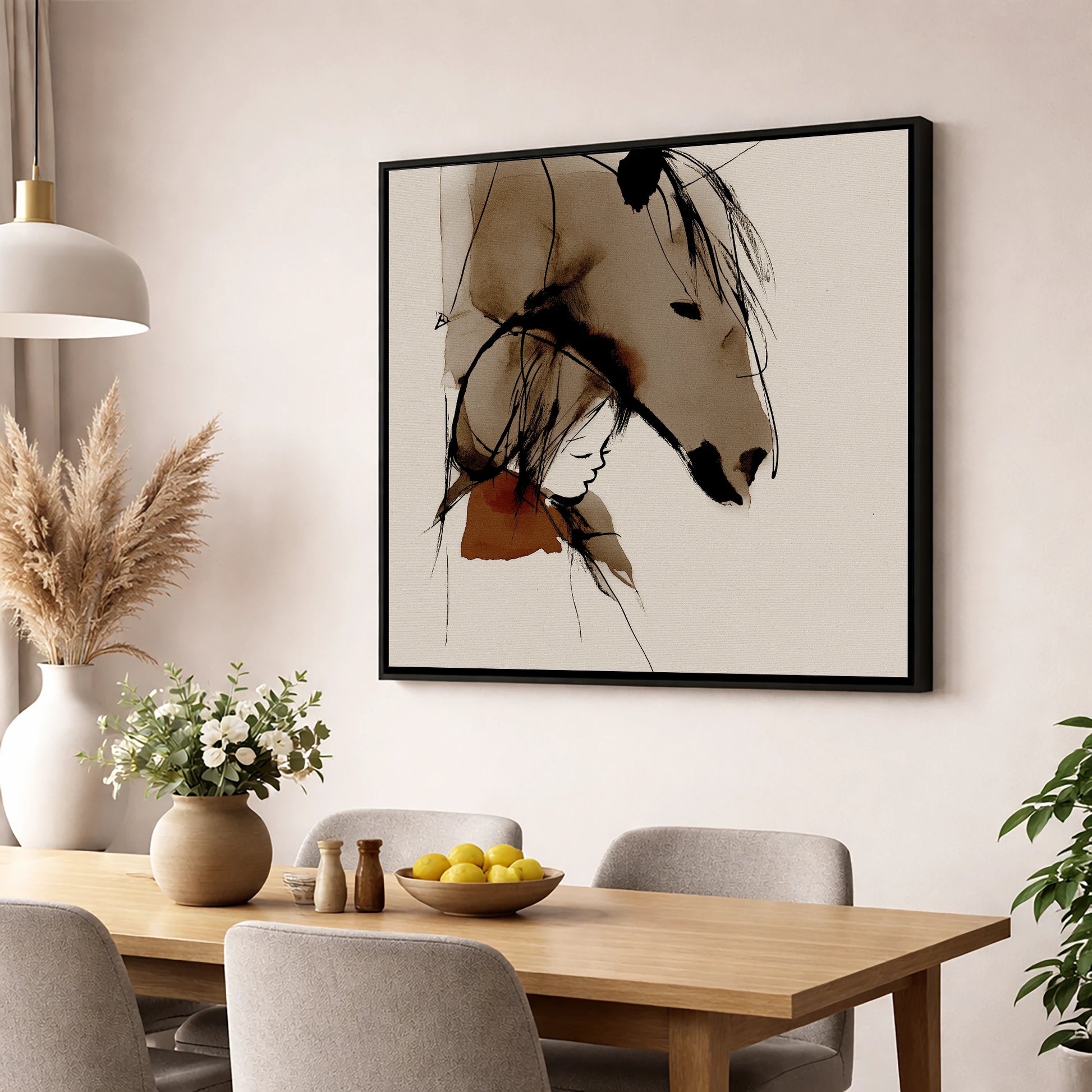 The Quiet Bond horse & rider wall art displayed in a dining room