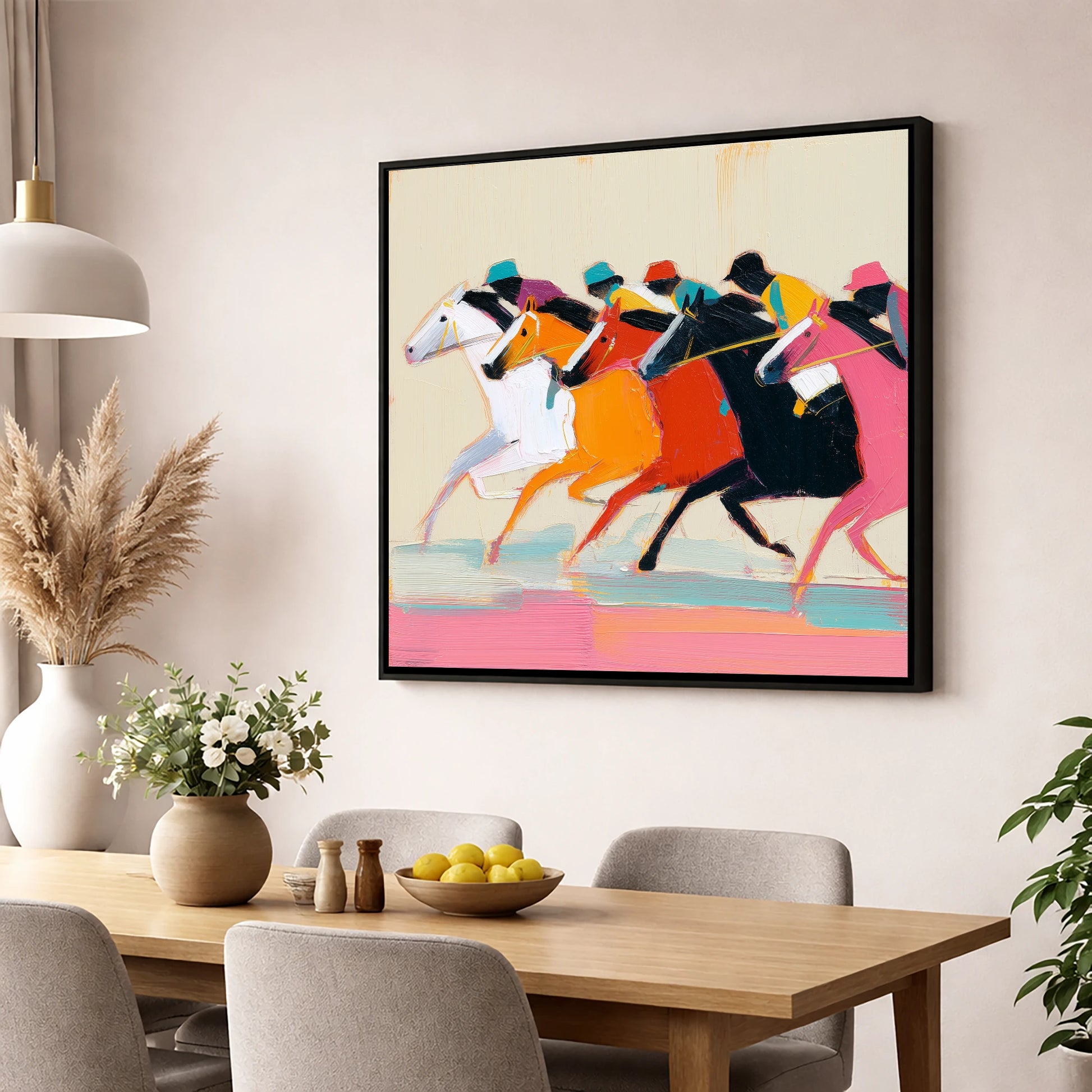 Vibrant Final Furlong racing horse wall art displayed in a dining room