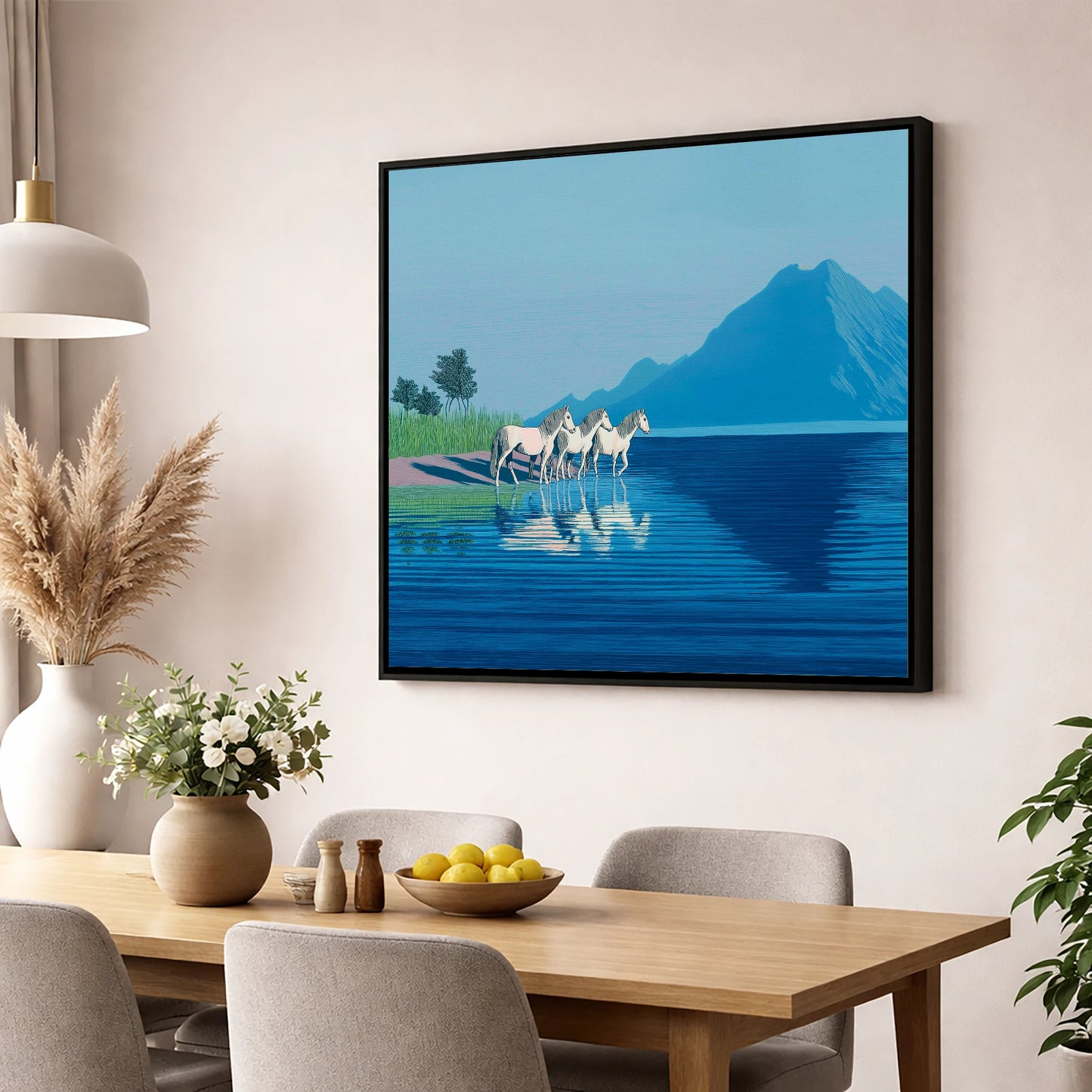 Reflections in Azure wild horses wall art displayed in a dining room