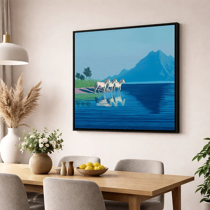 Reflections in Azure wild horses wall art displayed in a dining room