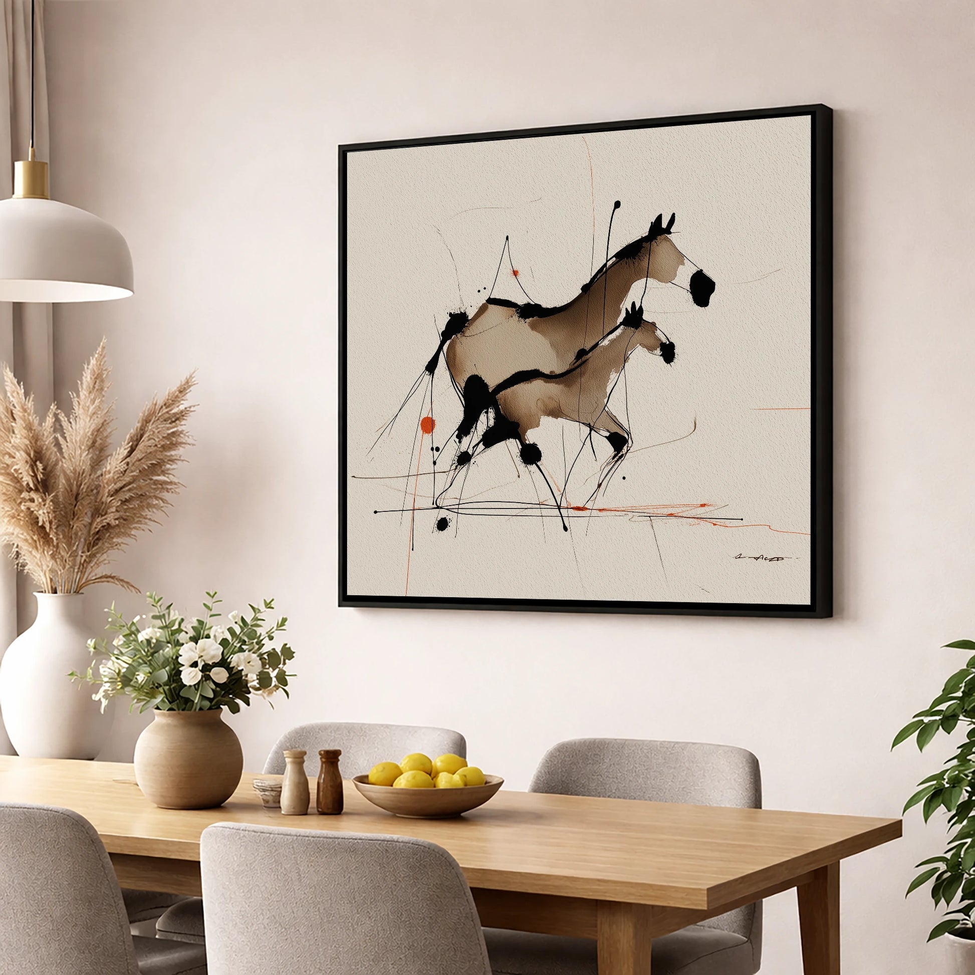 Sepia Shadows mare & foal wall art displayed in a dining room