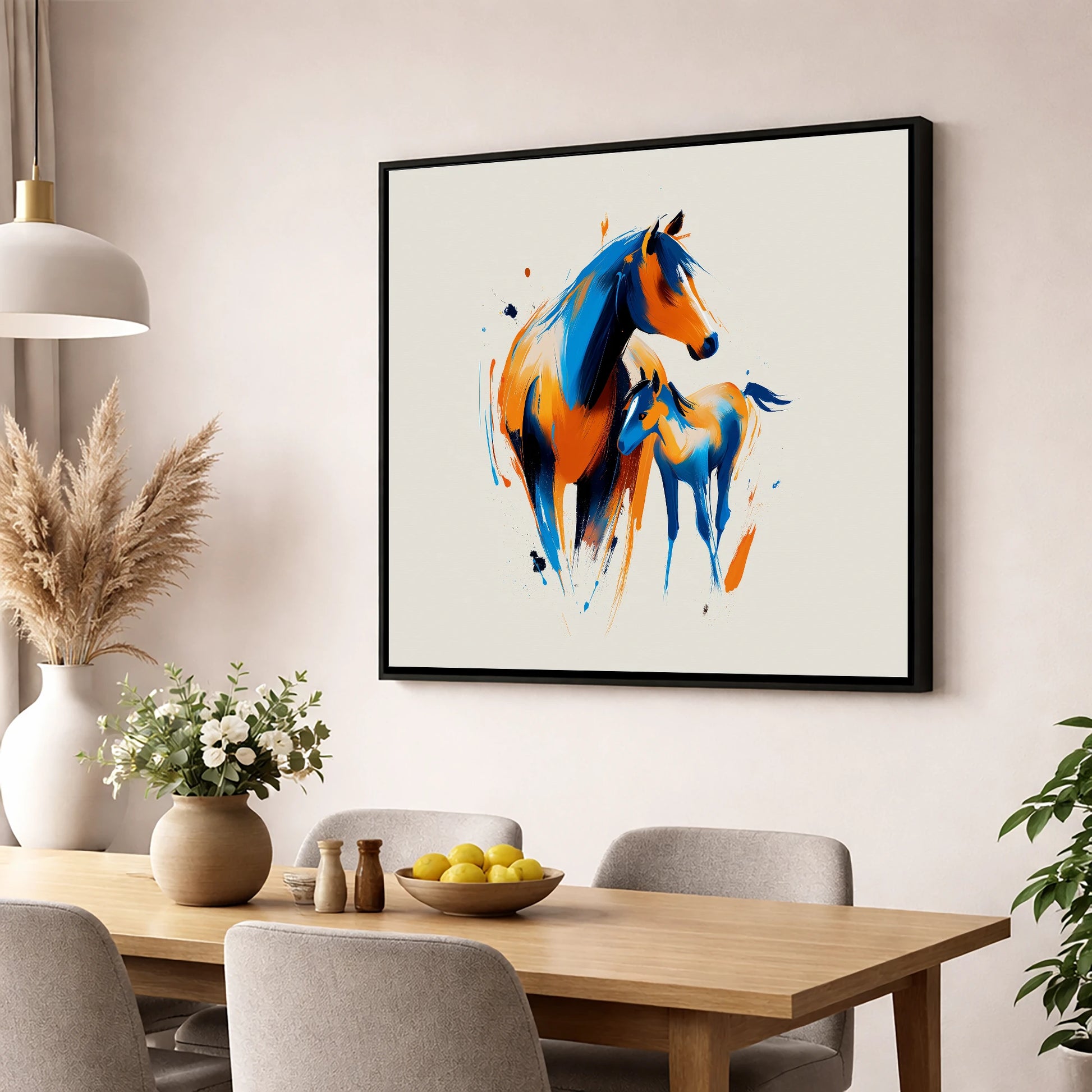 Azure and Amber Bond mare & foal wall art displayed in a dining room