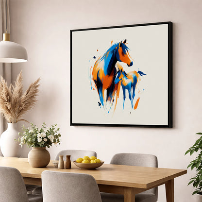 Azure and Amber Bond mare & foal wall art displayed in a dining room