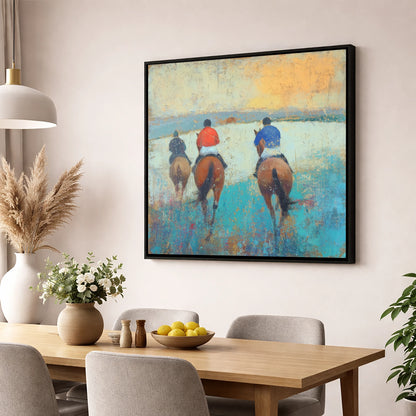 Heading to the Start racing horse wall art displayed in a dining room
