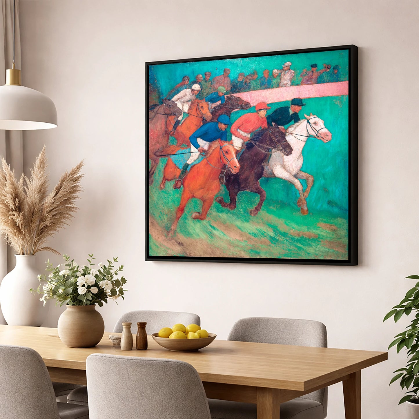 The Vibrant Furlong racing horse wall art displayed in a dining room