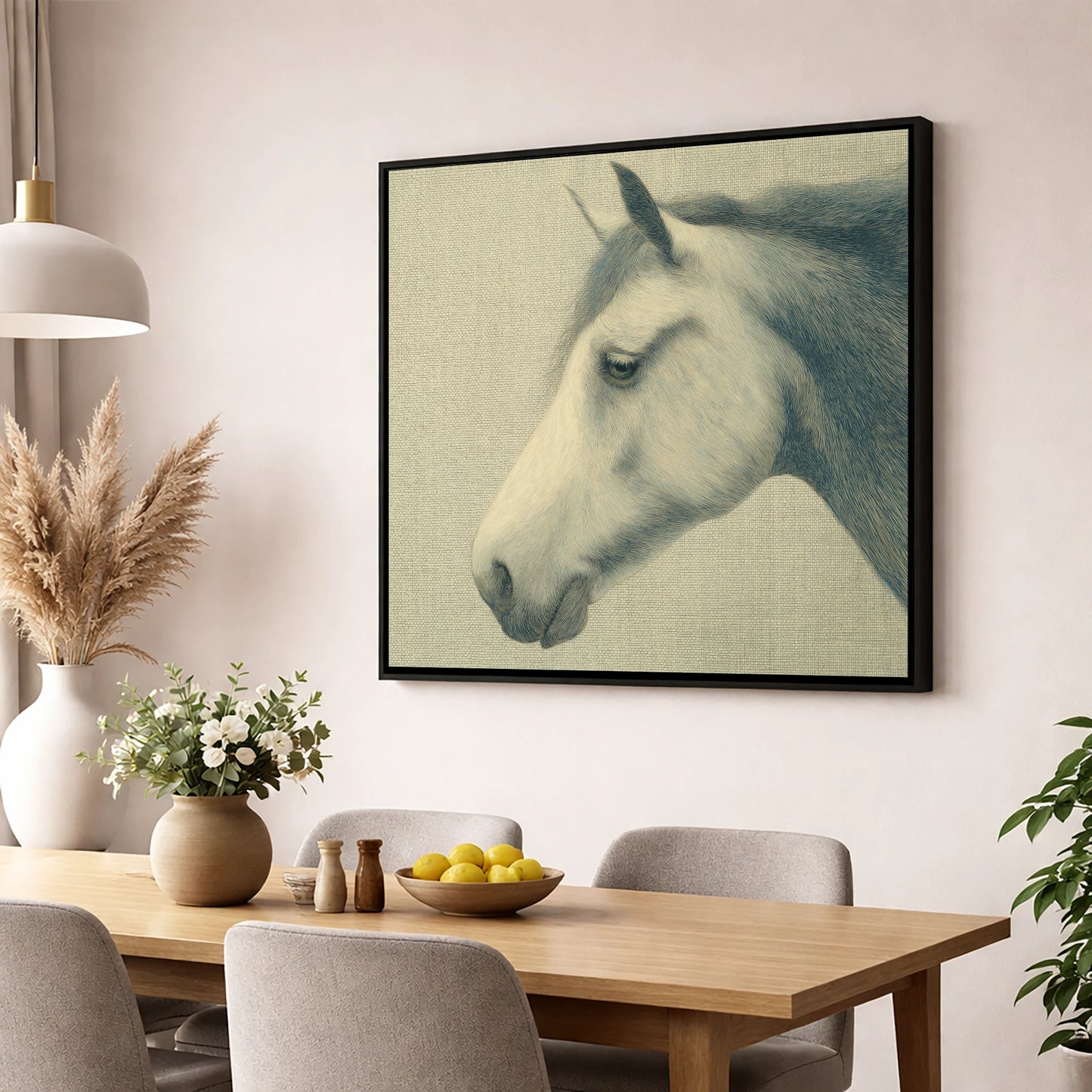 Classic Slate Equine Profile horse portrait wall art displayed in a dining room