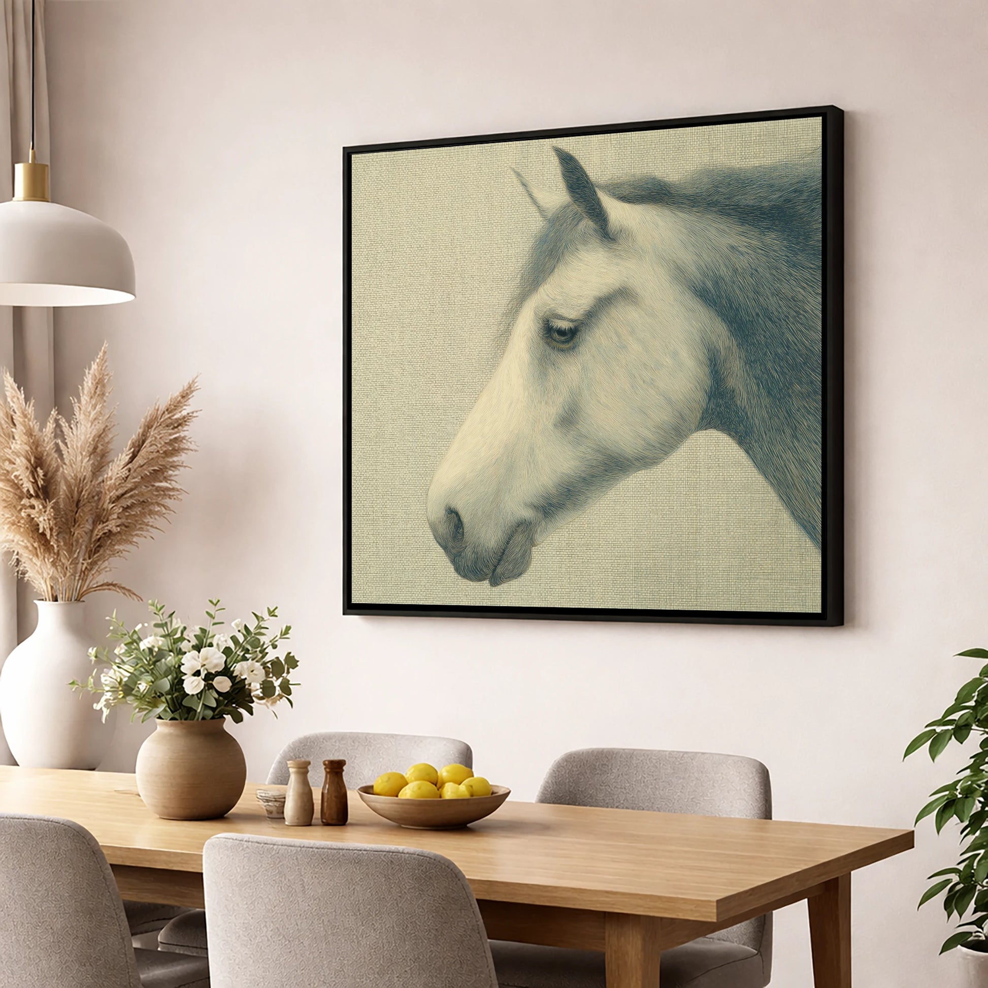 Classic Slate Equine Profile horse portrait wall art displayed in a dining room
