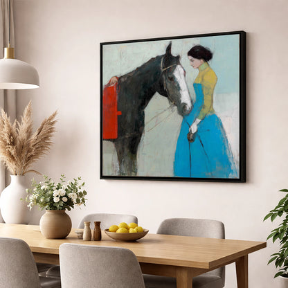 Quiet Connection horse & rider wall art displayed in a dining room