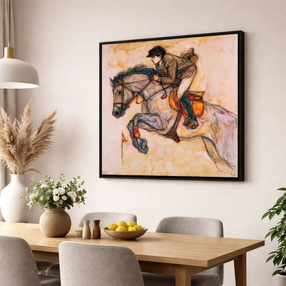 Suspended Momentum show jumping horse wall art displayed in a dining room