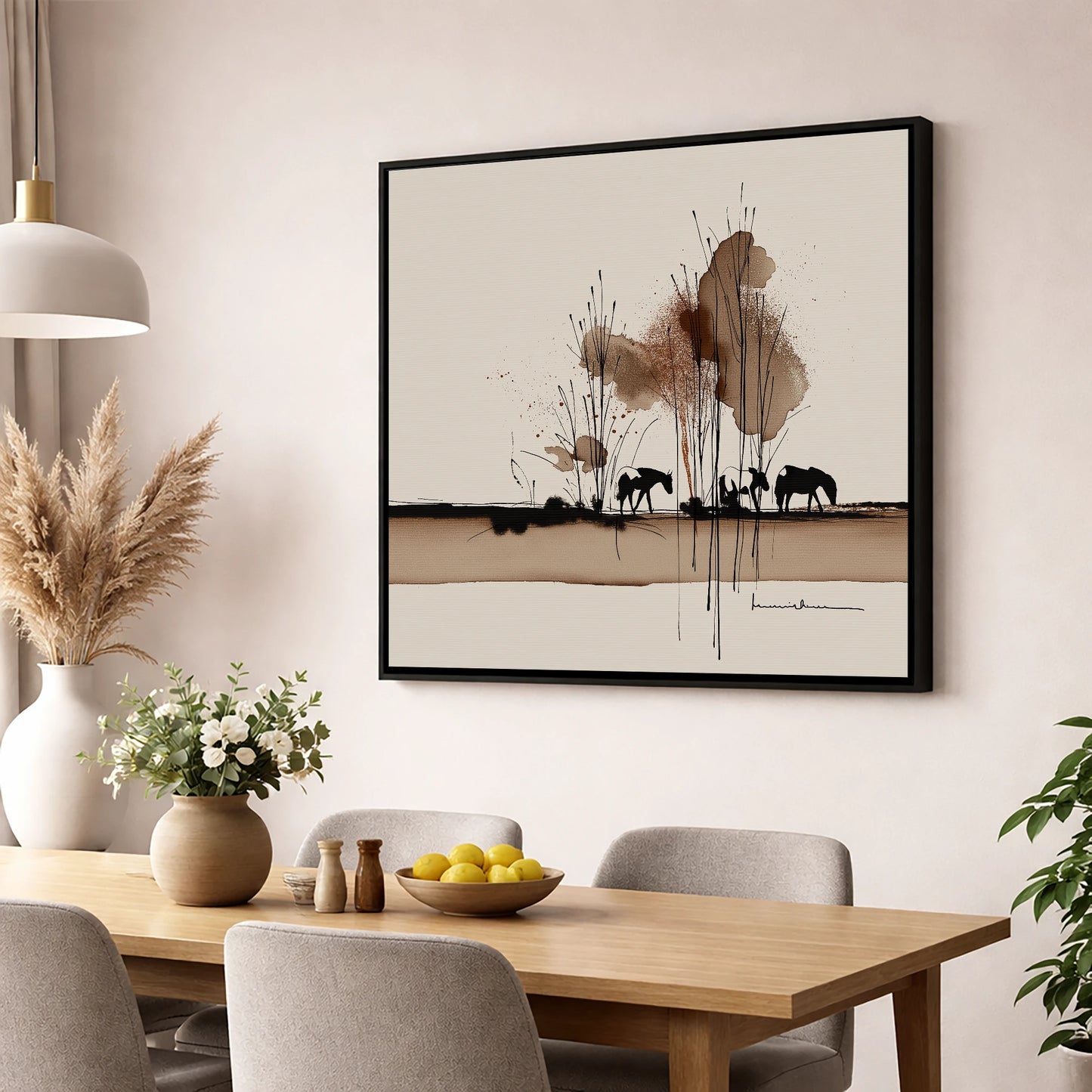 Grazing in Sepia Shadows horse landscape wall art displayed in a dining room