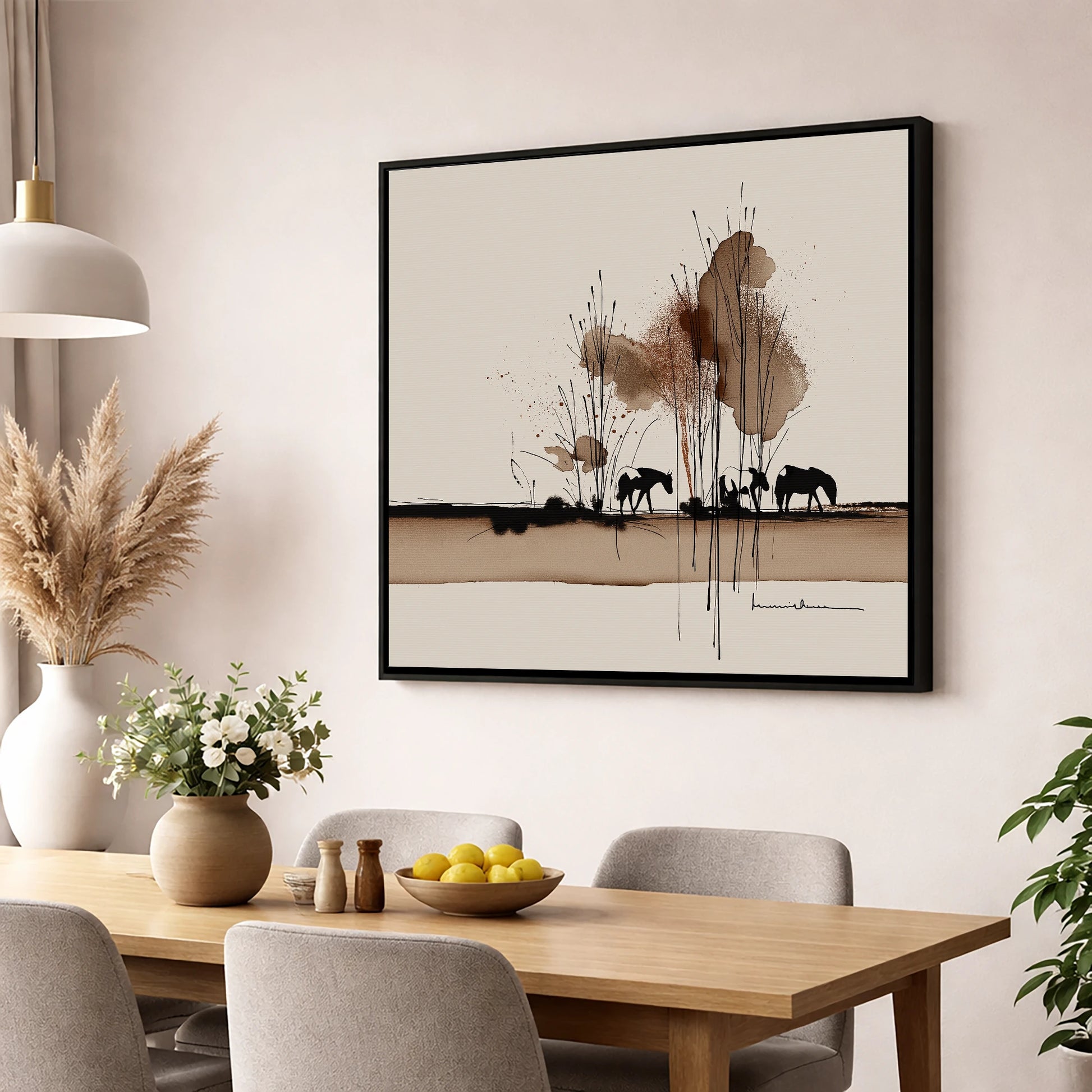 Grazing in Sepia Shadows horse landscape wall art displayed in a dining room
