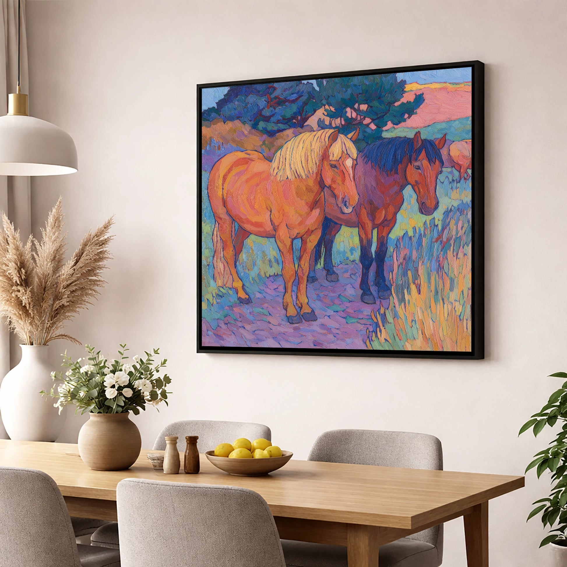 Sunset Pasture Companions horse landscape wall art displayed in a dining room