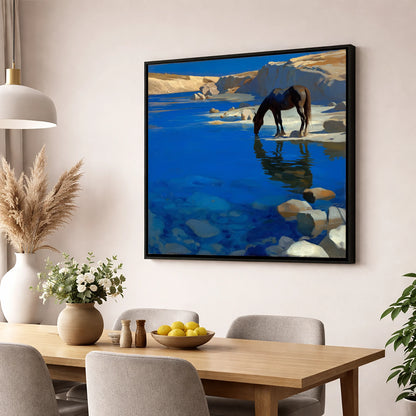 Ultramarine Oasis horse landscape wall art displayed in a dining room