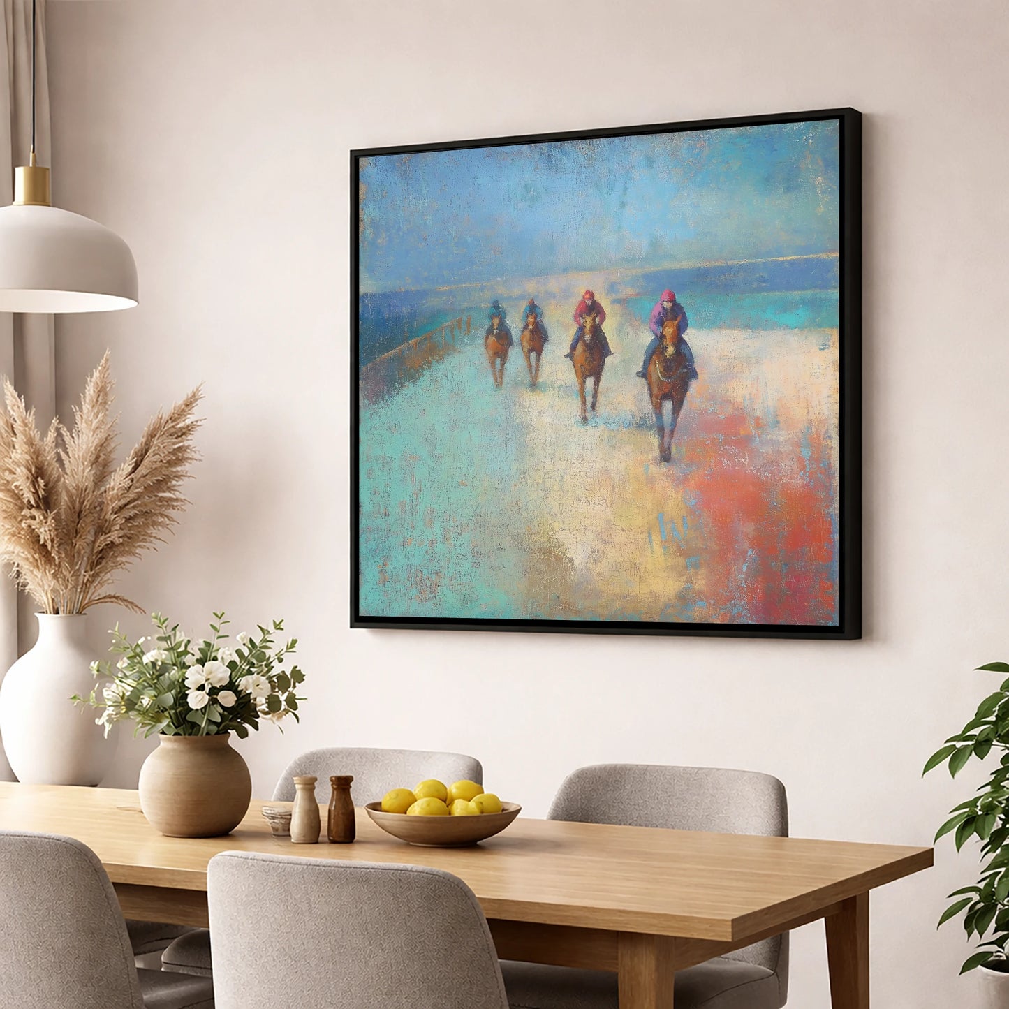 The Morning String racing horse wall art displayed in a dining room