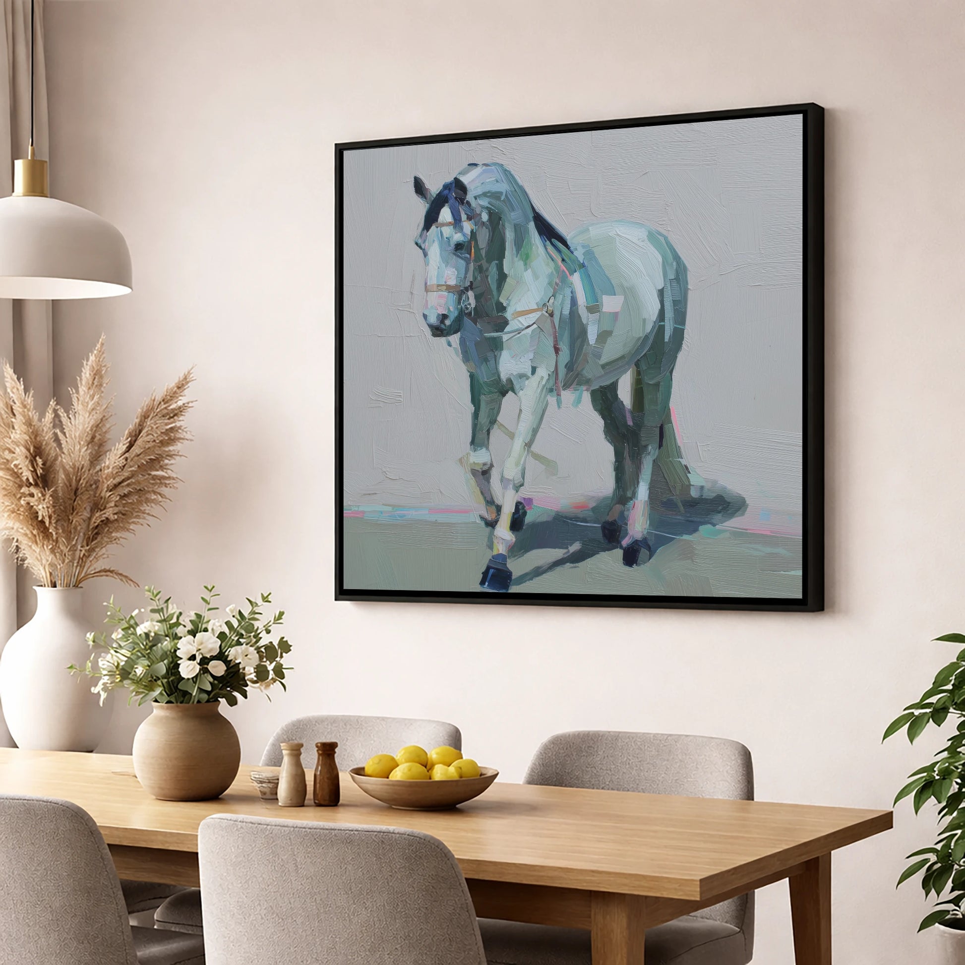 Quiet Strength in Grey horse breed wall art displayed in a dining room