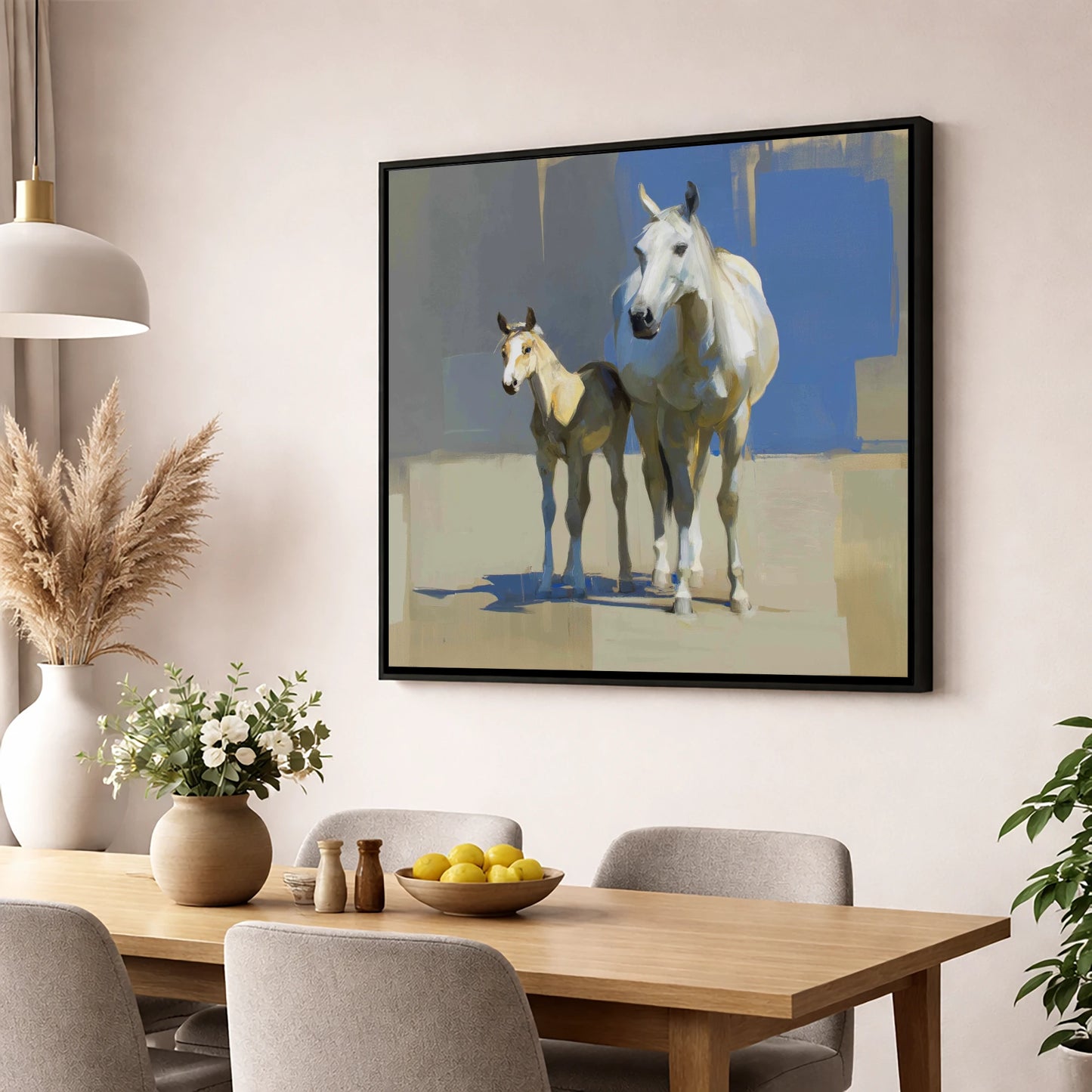 Sunlit Bonds mare & foal wall art displayed in a dining room