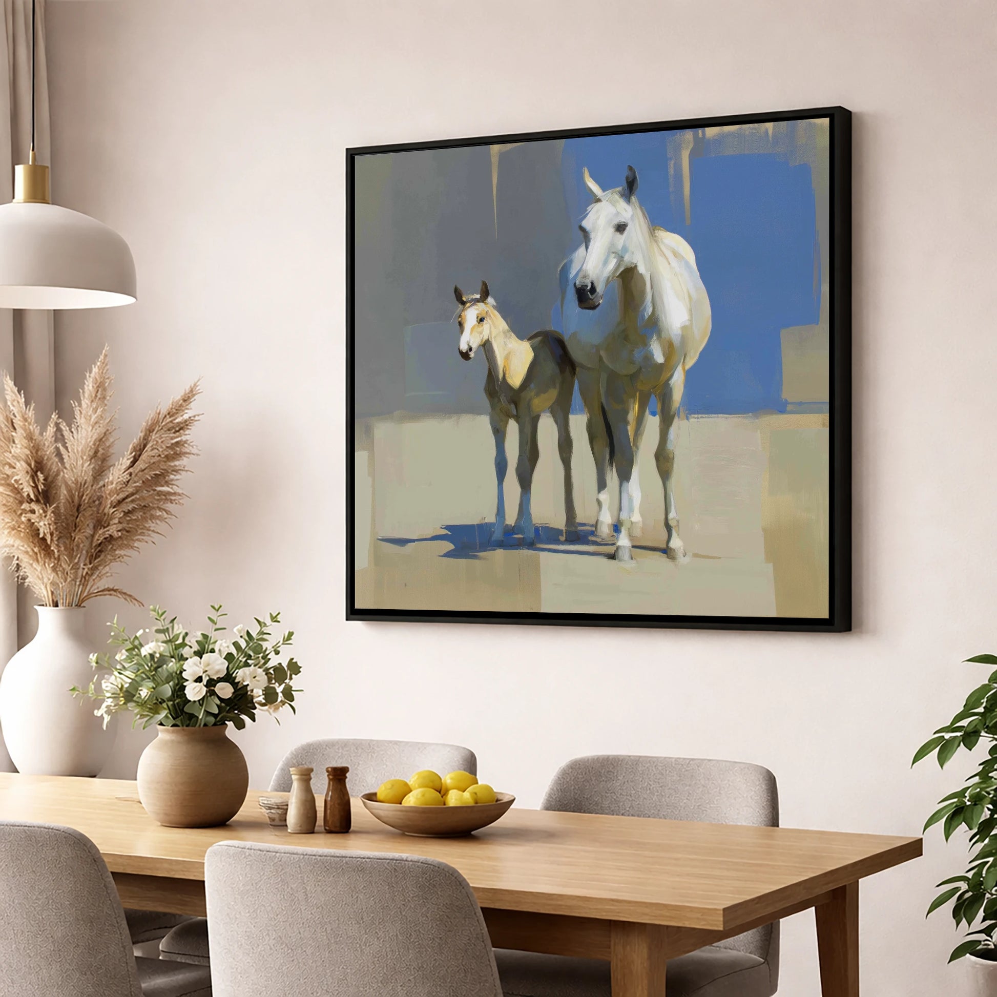 Sunlit Bonds mare & foal wall art displayed in a dining room