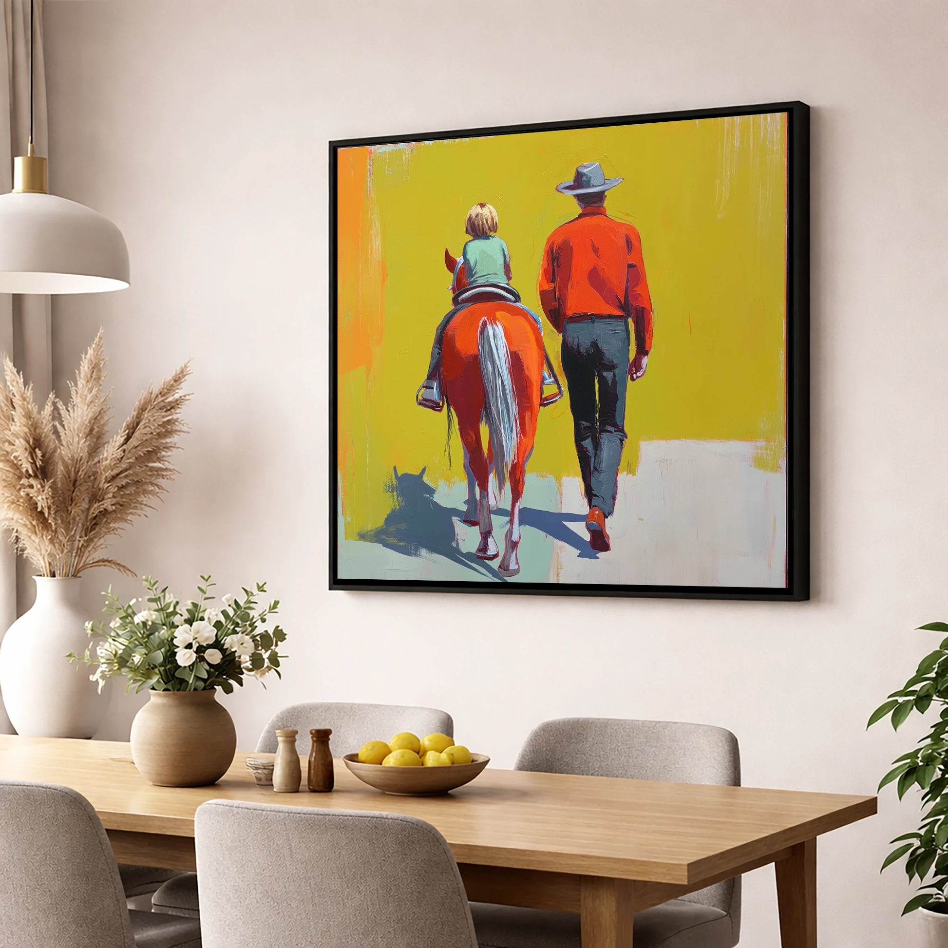 Leading the First Ride horse & rider wall art displayed in a dining room