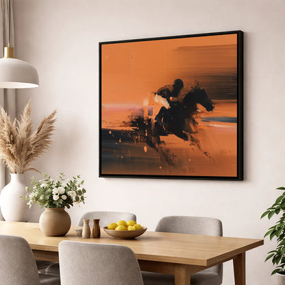 Through the Amber Dust racing horse wall art displayed in a dining room