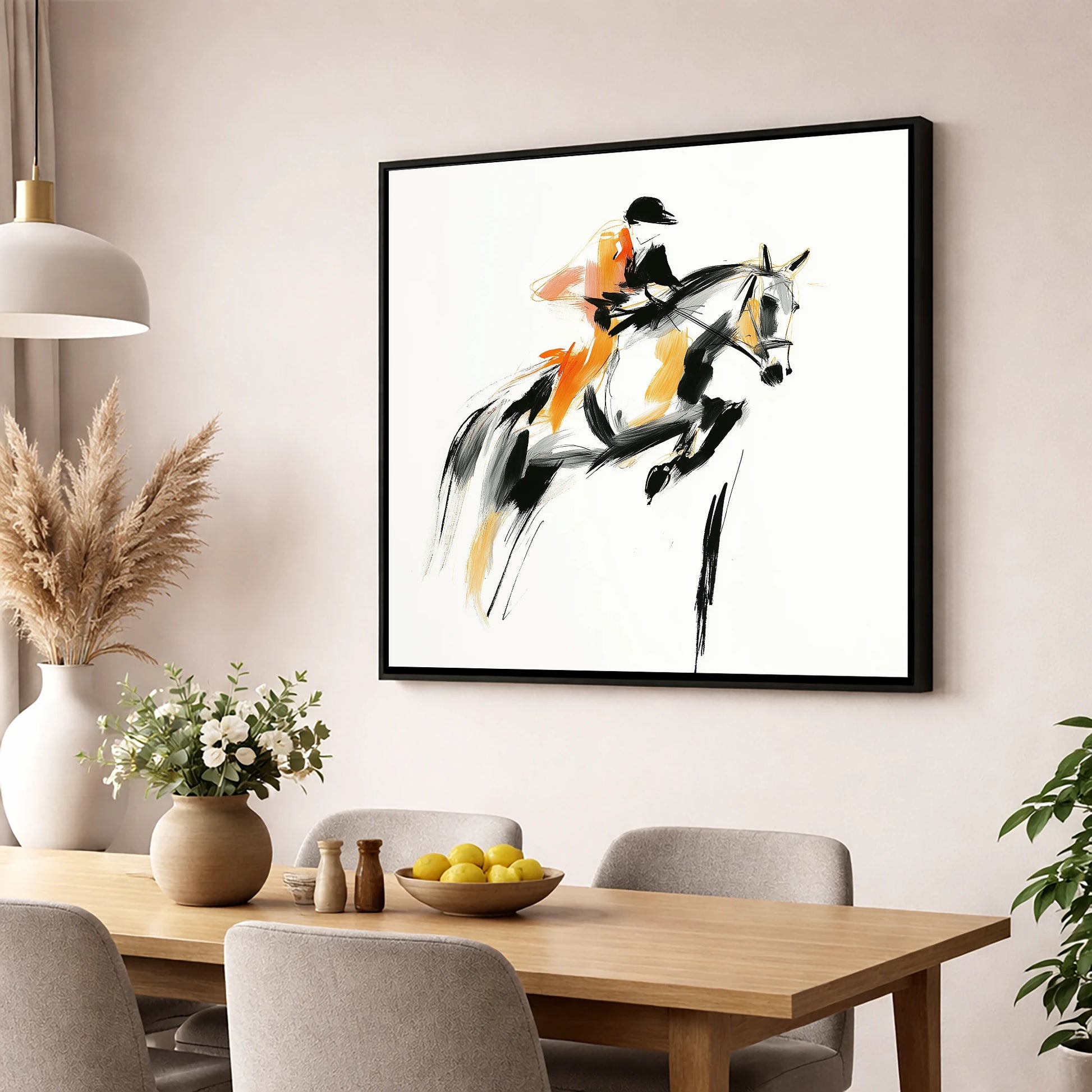 Amber Ascent show jumping horse wall art displayed in a dining room