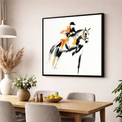 Amber Ascent show jumping horse wall art displayed in a dining room