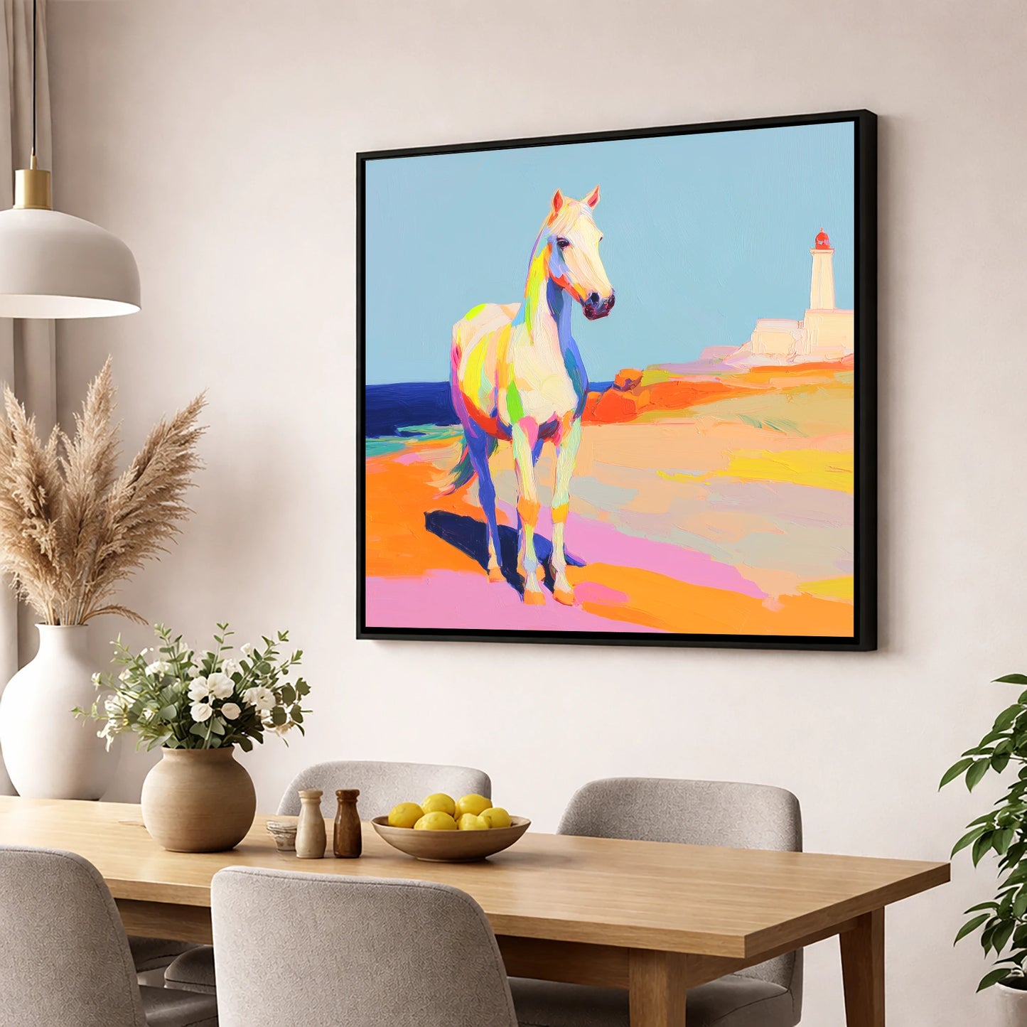 Vibrant Coastal Equine horse landscape wall art displayed in a dining room