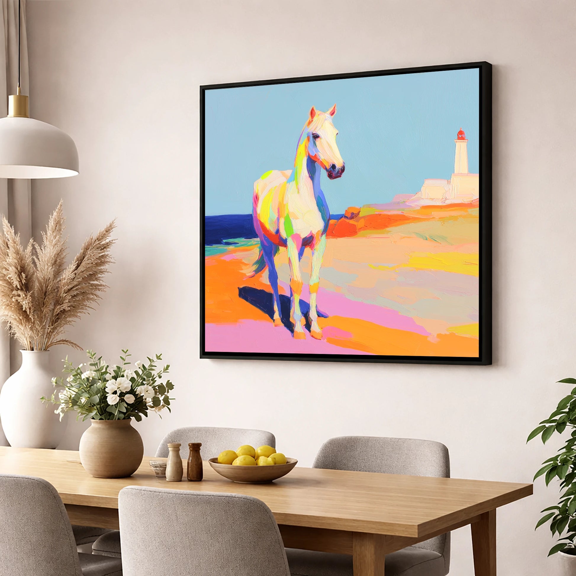 Vibrant Coastal Equine horse landscape wall art displayed in a dining room