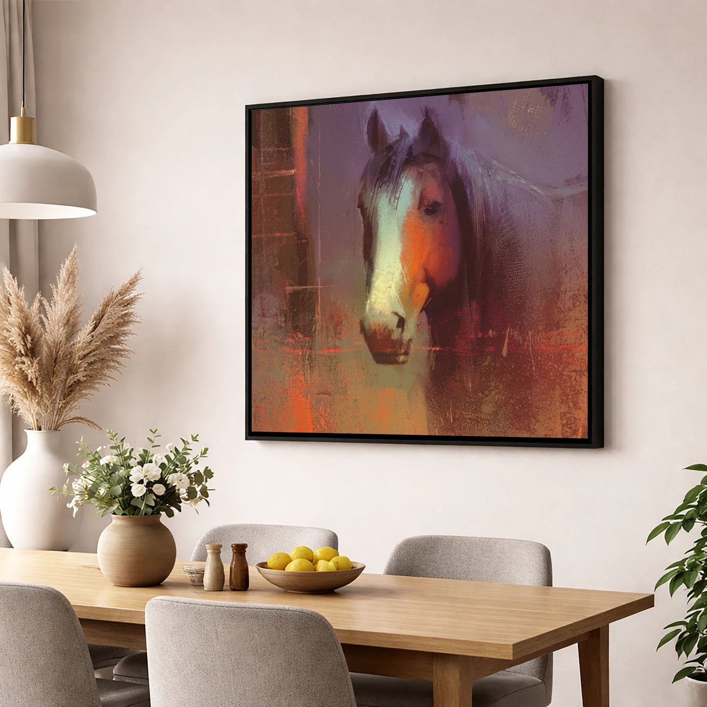 Ember and Violet Portrait horse portrait wall art displayed in a dining room