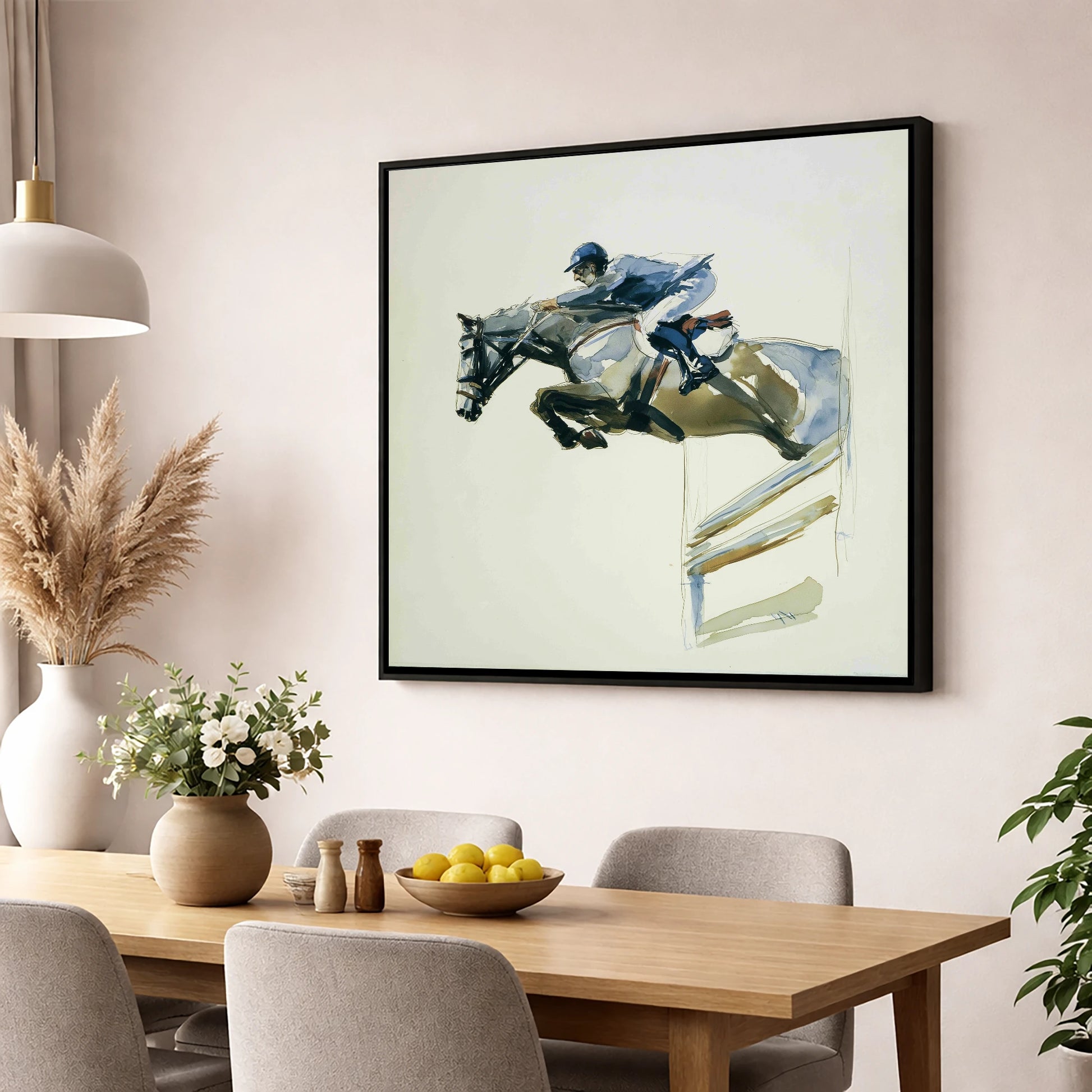 The Perfect Bascule show jumping horse wall art displayed in a dining room