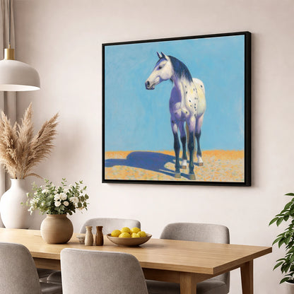 The Sunlit Appaloosa horse breed wall art displayed in a dining room