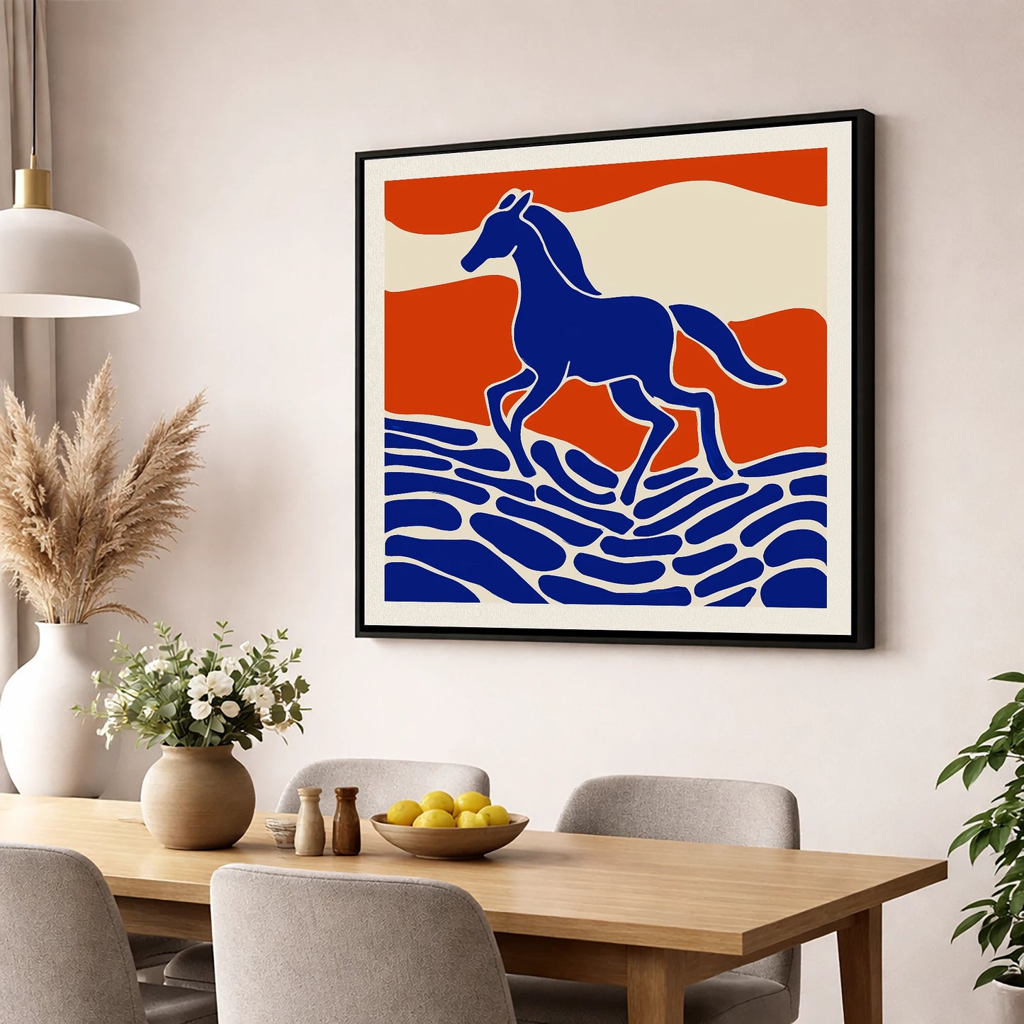 Cobalt Spirit Across the Plains wild horses wall art displayed in a dining room