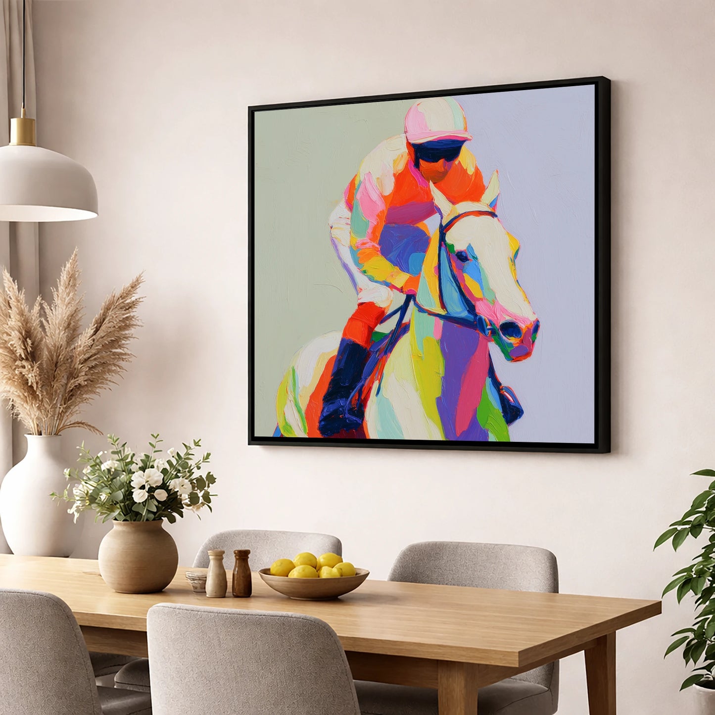 Prismatic Speed racing horse wall art displayed in a dining room