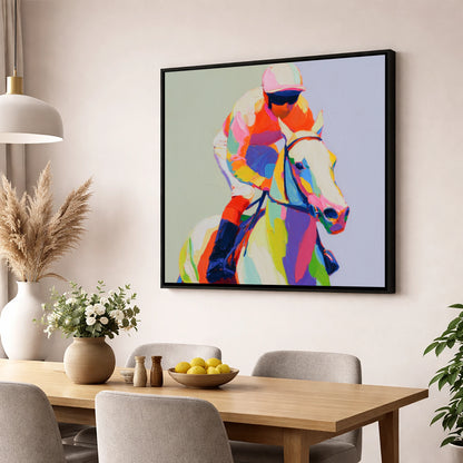 Prismatic Speed racing horse wall art displayed in a dining room