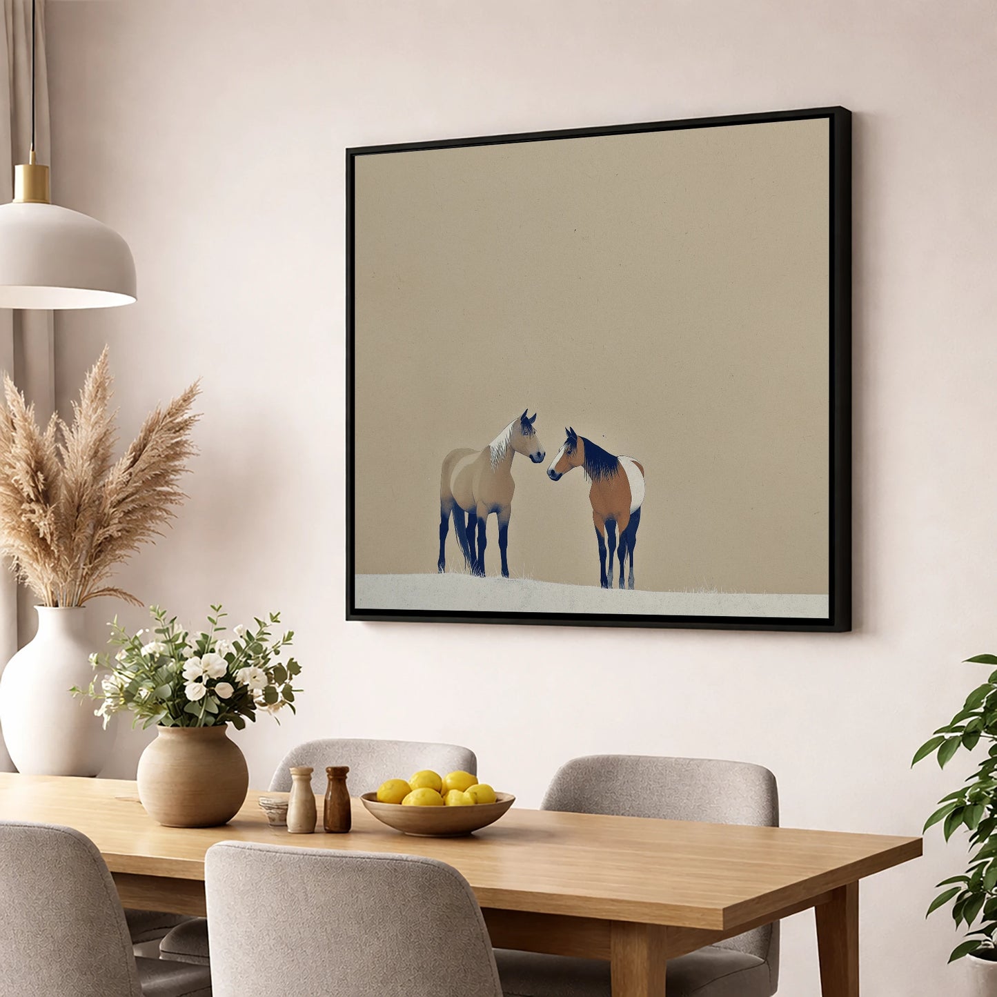 Quiet Companions wild horses wall art displayed in a dining room