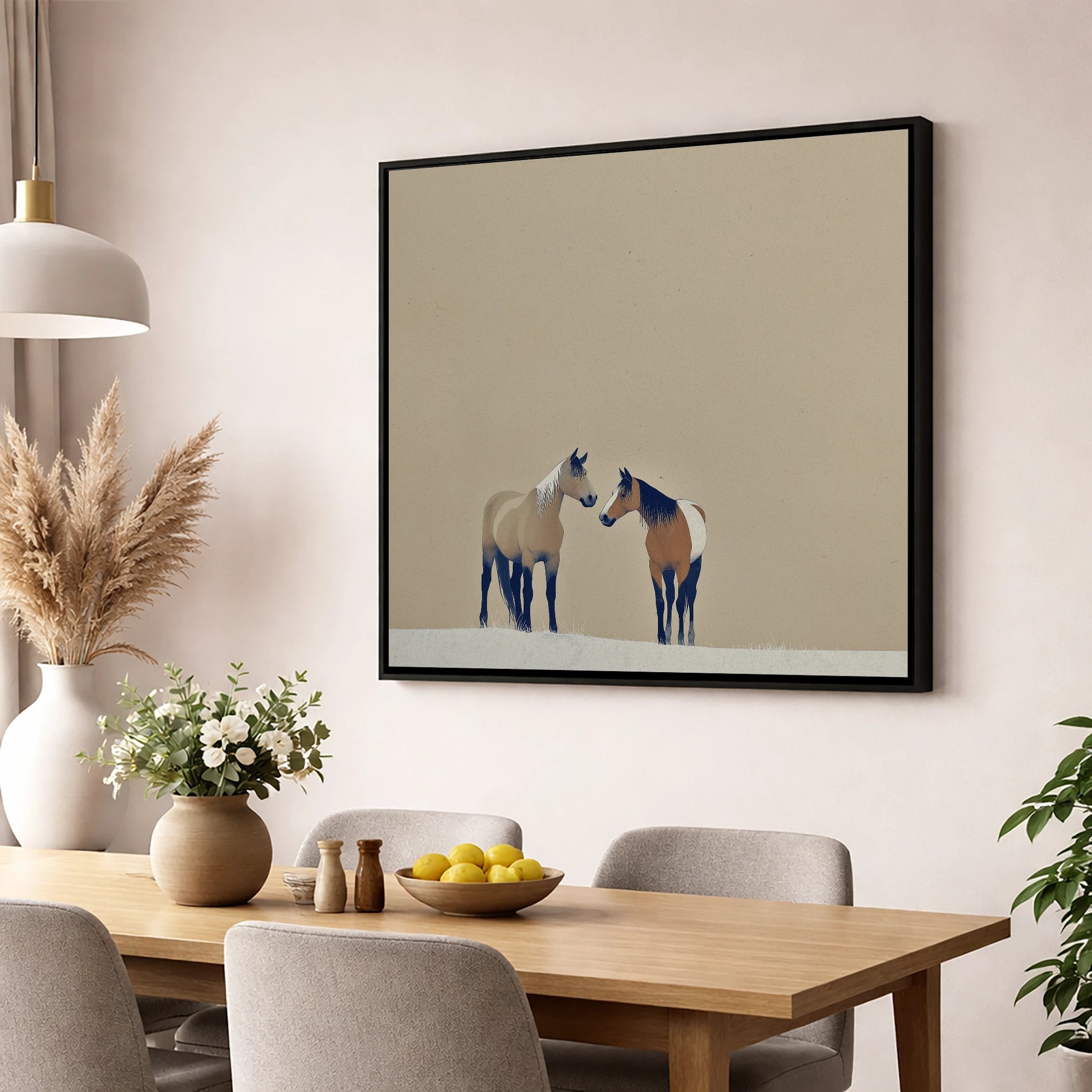 Quiet Companions wild horses wall art displayed in a dining room
