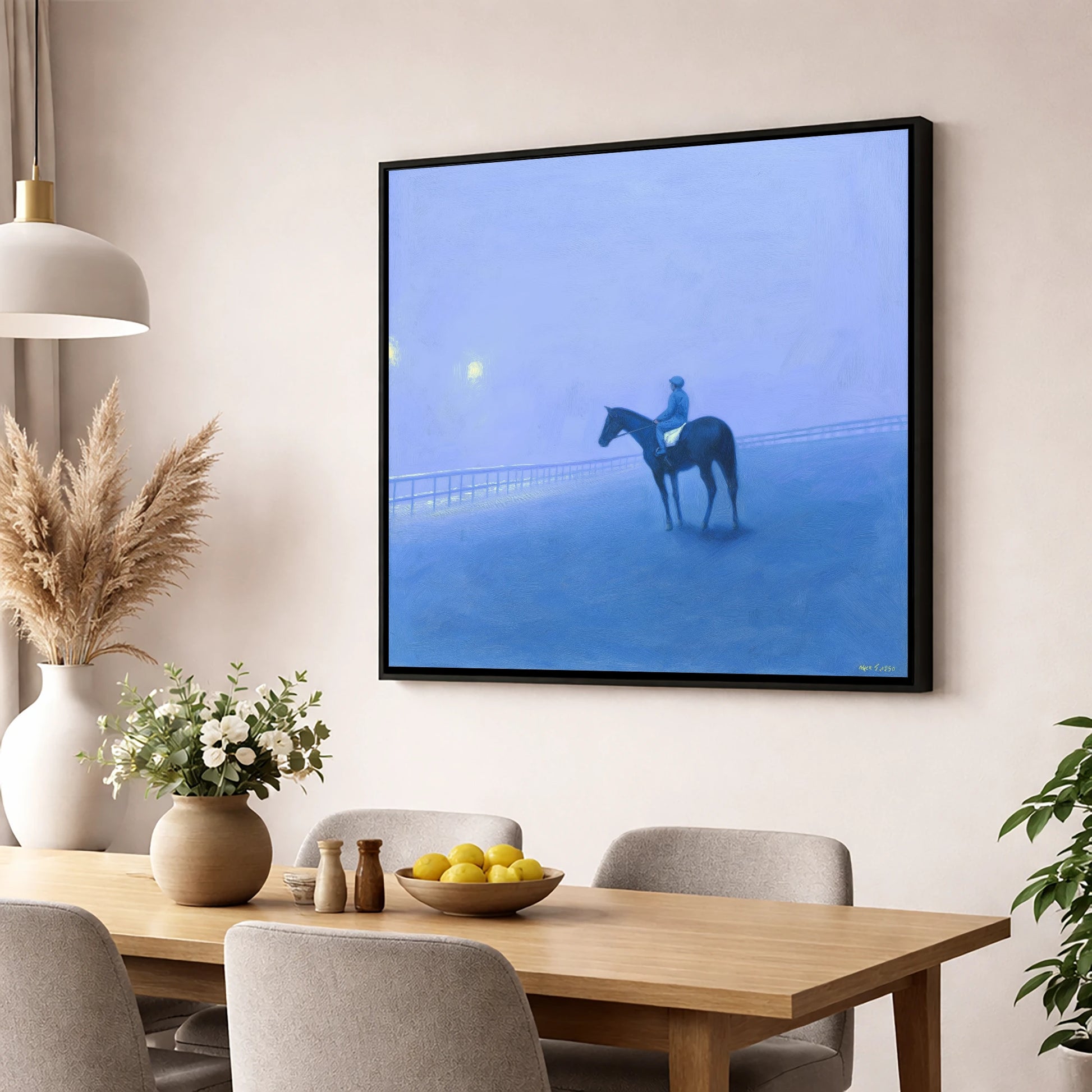 Dawn on the Gallops racing horse wall art displayed in a dining room