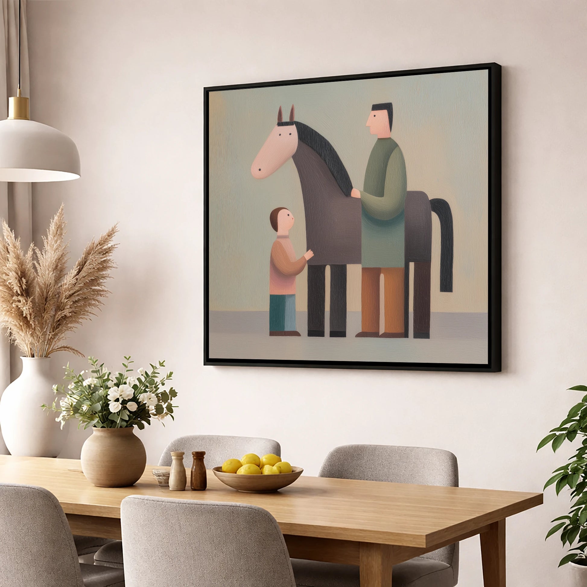 Shared Connection horse & rider wall art displayed in a dining room