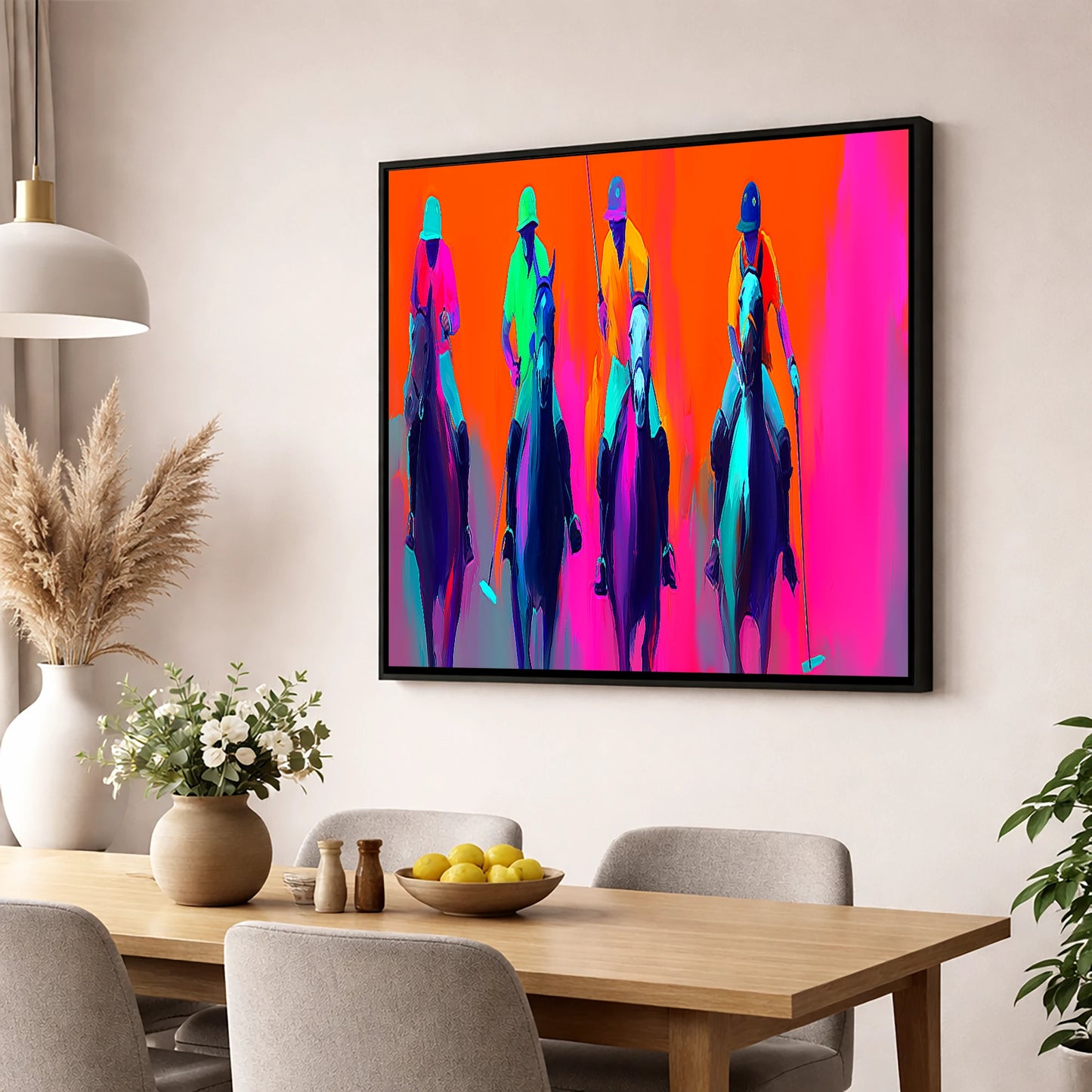 Neon Polo Charge polo horse wall art displayed in a dining room
