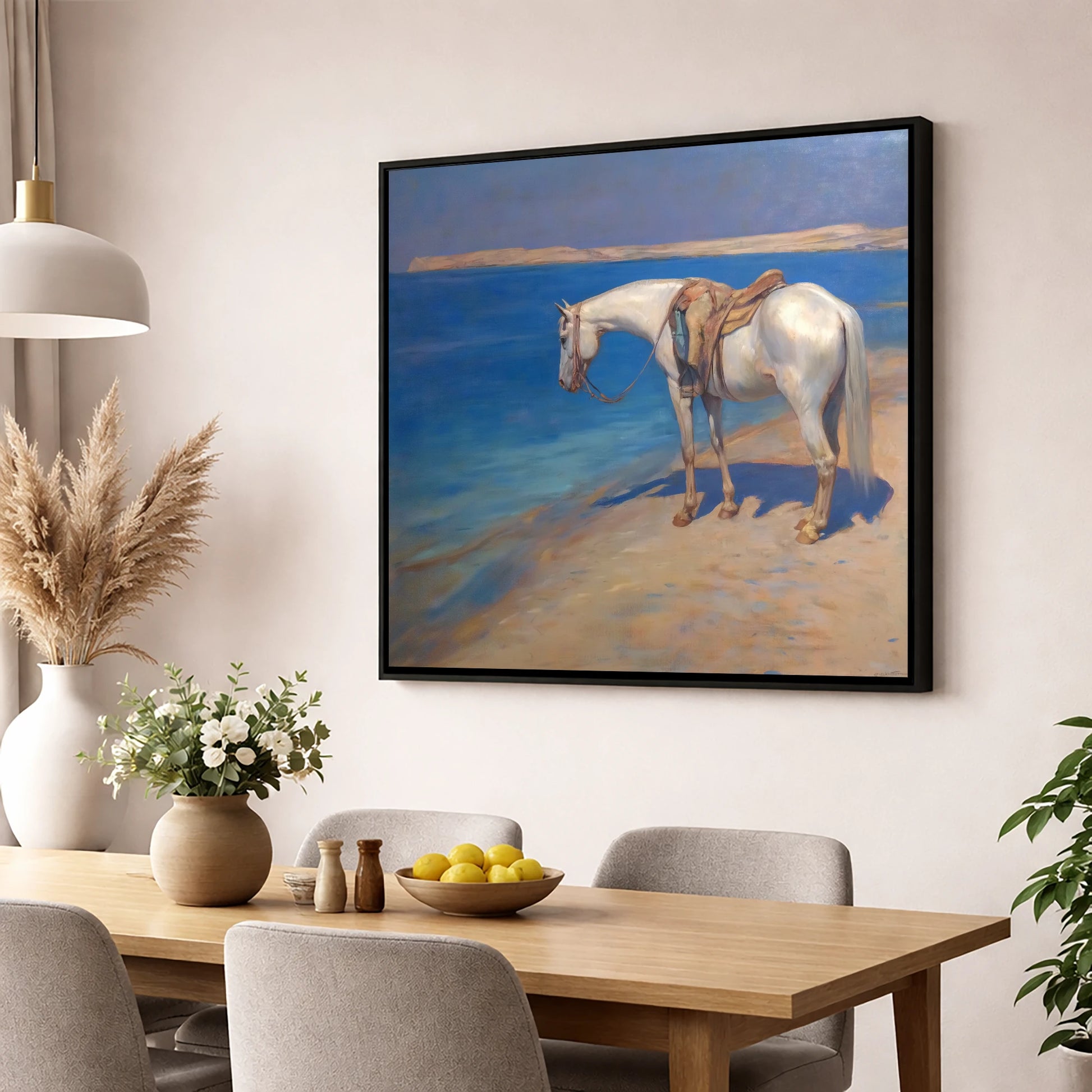 The Patient Grey horse landscape wall art displayed in a dining room