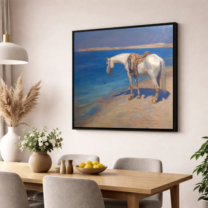 The Patient Grey horse landscape wall art displayed in a dining room