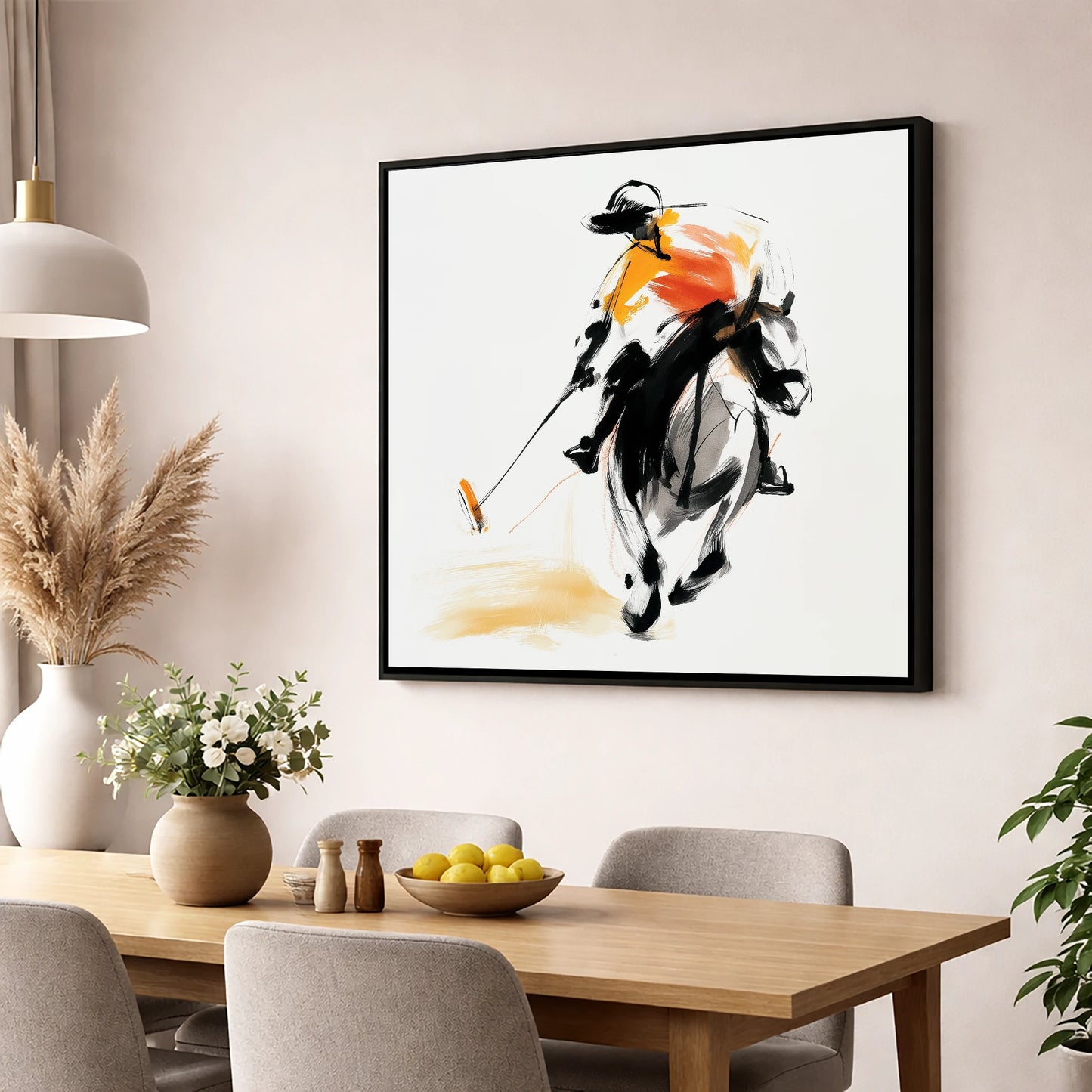 Amber Strike polo horse wall art displayed in a dining room