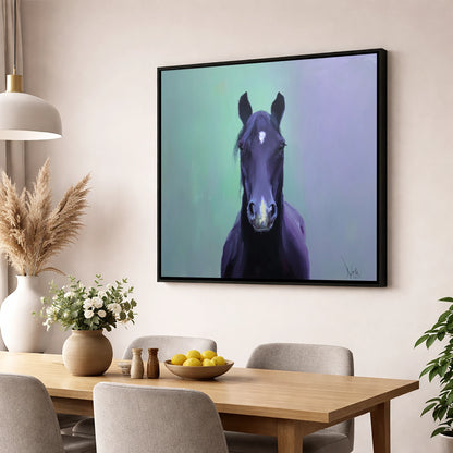 The Violet Gaze horse portrait wall art displayed in a dining room