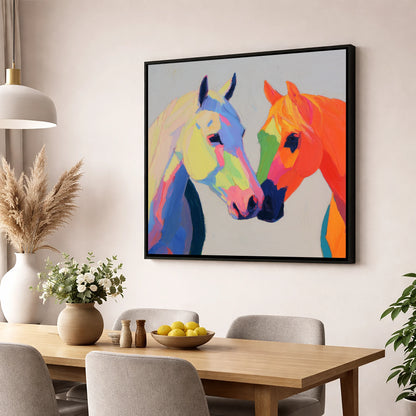Technicolour Companions horse portrait wall art displayed in a dining room