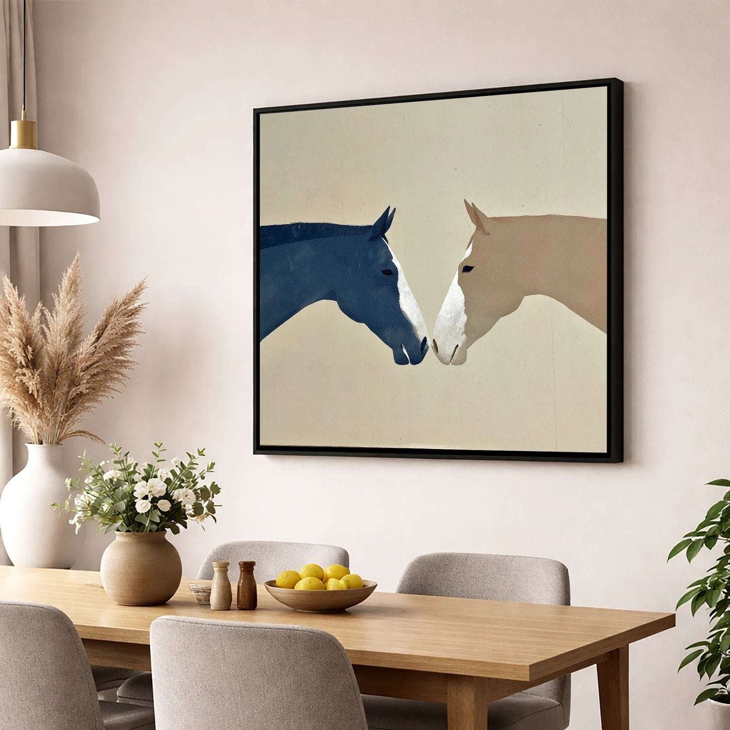 Kindred Spirits horse portrait wall art displayed in a dining room
