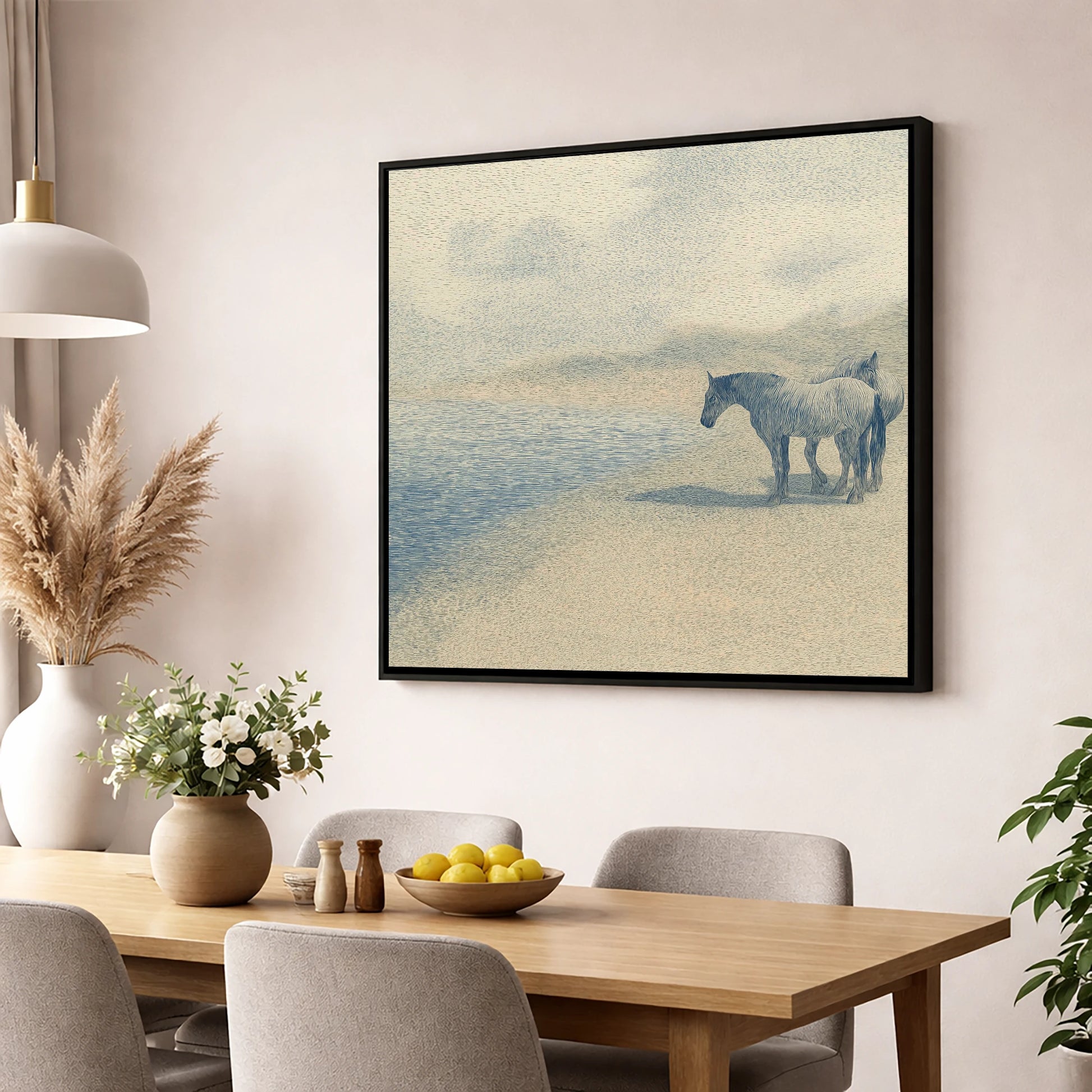 Coastal Companions horse landscape wall art displayed in a dining room