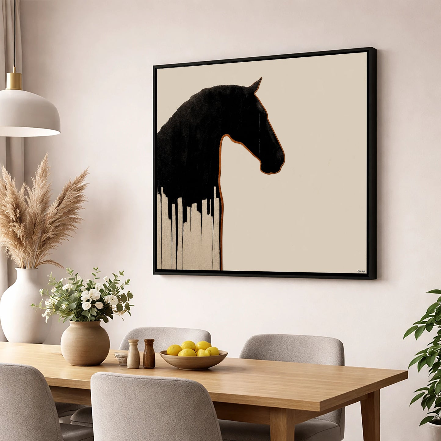 Midnight Equine Silhouette horse breed wall art displayed in a dining room