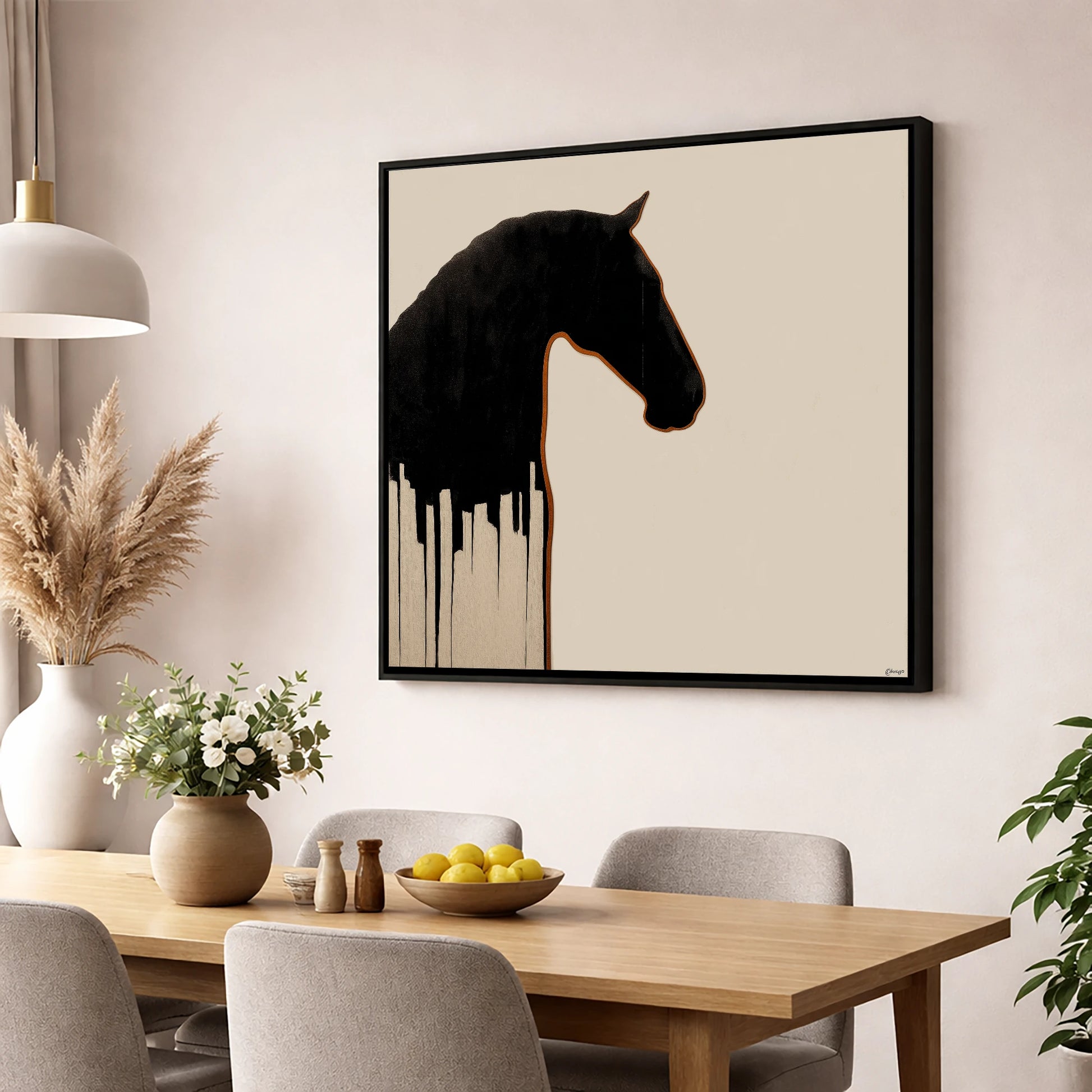 Midnight Equine Silhouette horse breed wall art displayed in a dining room