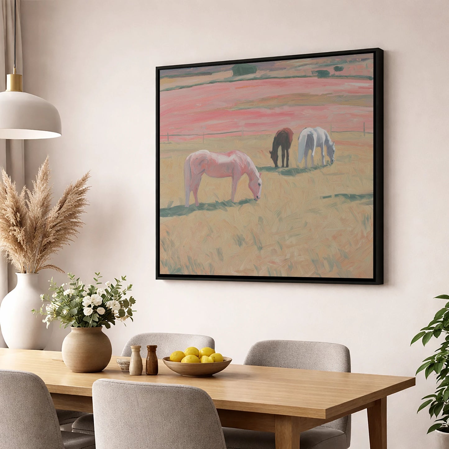 Dusky Meadow Grazing horse landscape wall art displayed in a dining room