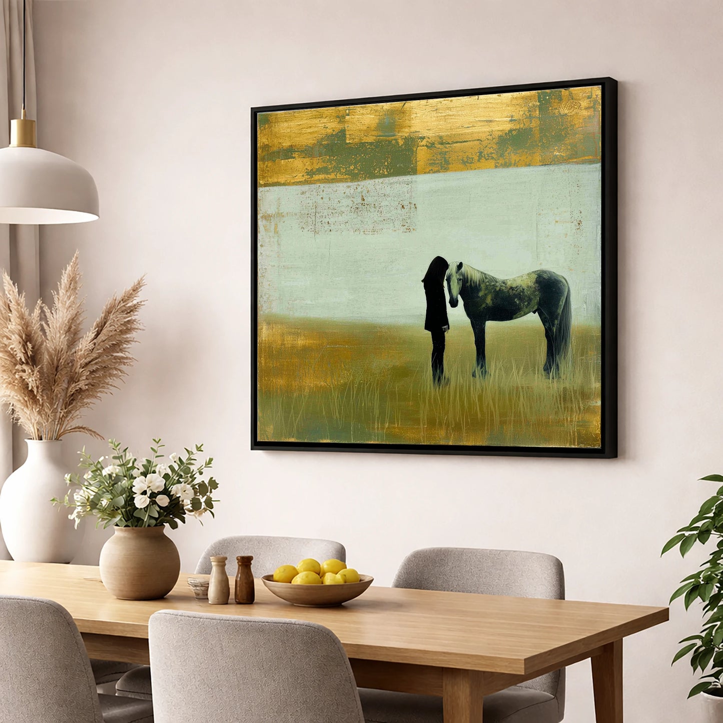 Silent Understanding horse & rider wall art displayed in a dining room
