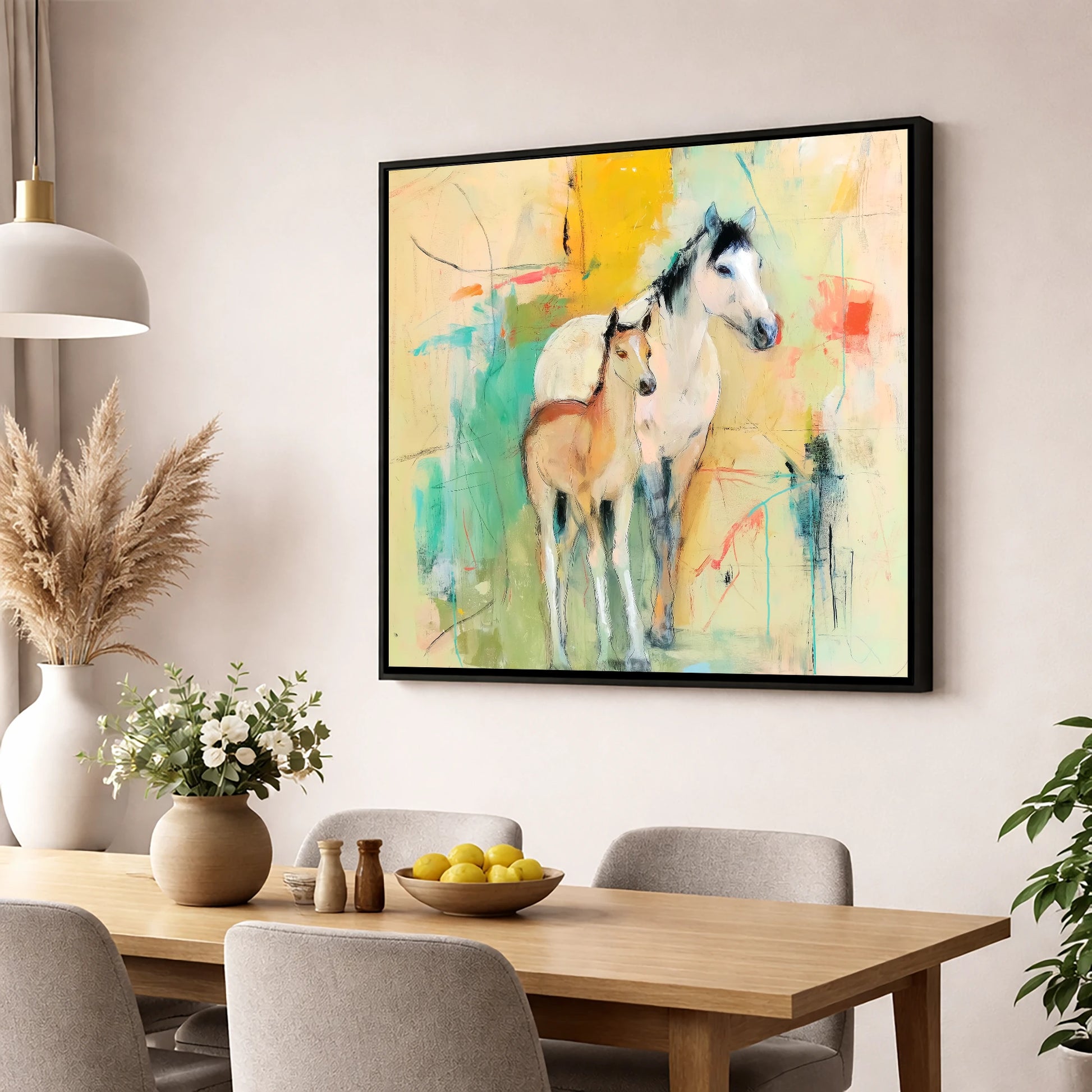 Gentle Guardianship mare & foal wall art displayed in a dining room